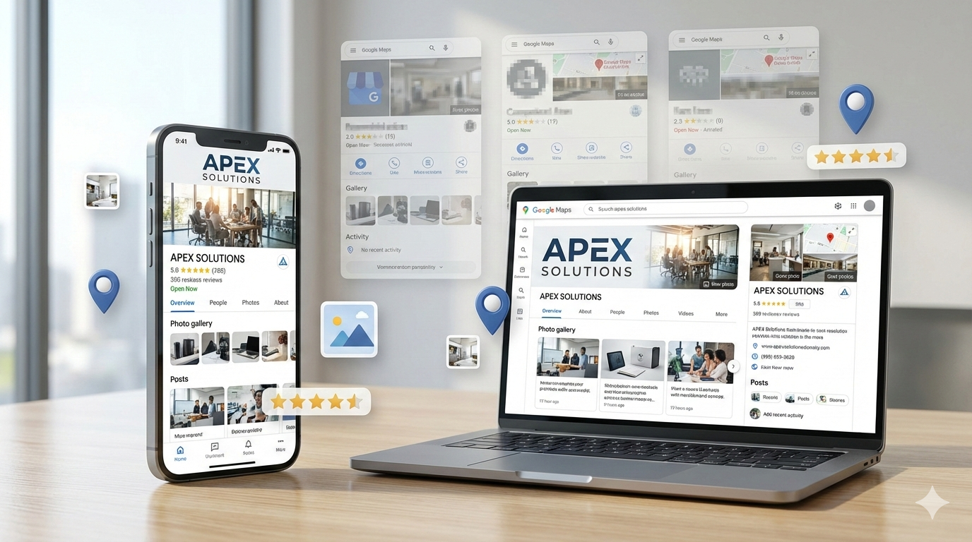 A smartphone and laptop display a Google Maps business profile for a company, showing photos, reviews, star ratings, posts, and location pins. Floating map and review icons highlight local SEO visibility, reputation management, and increased discovery across devices.