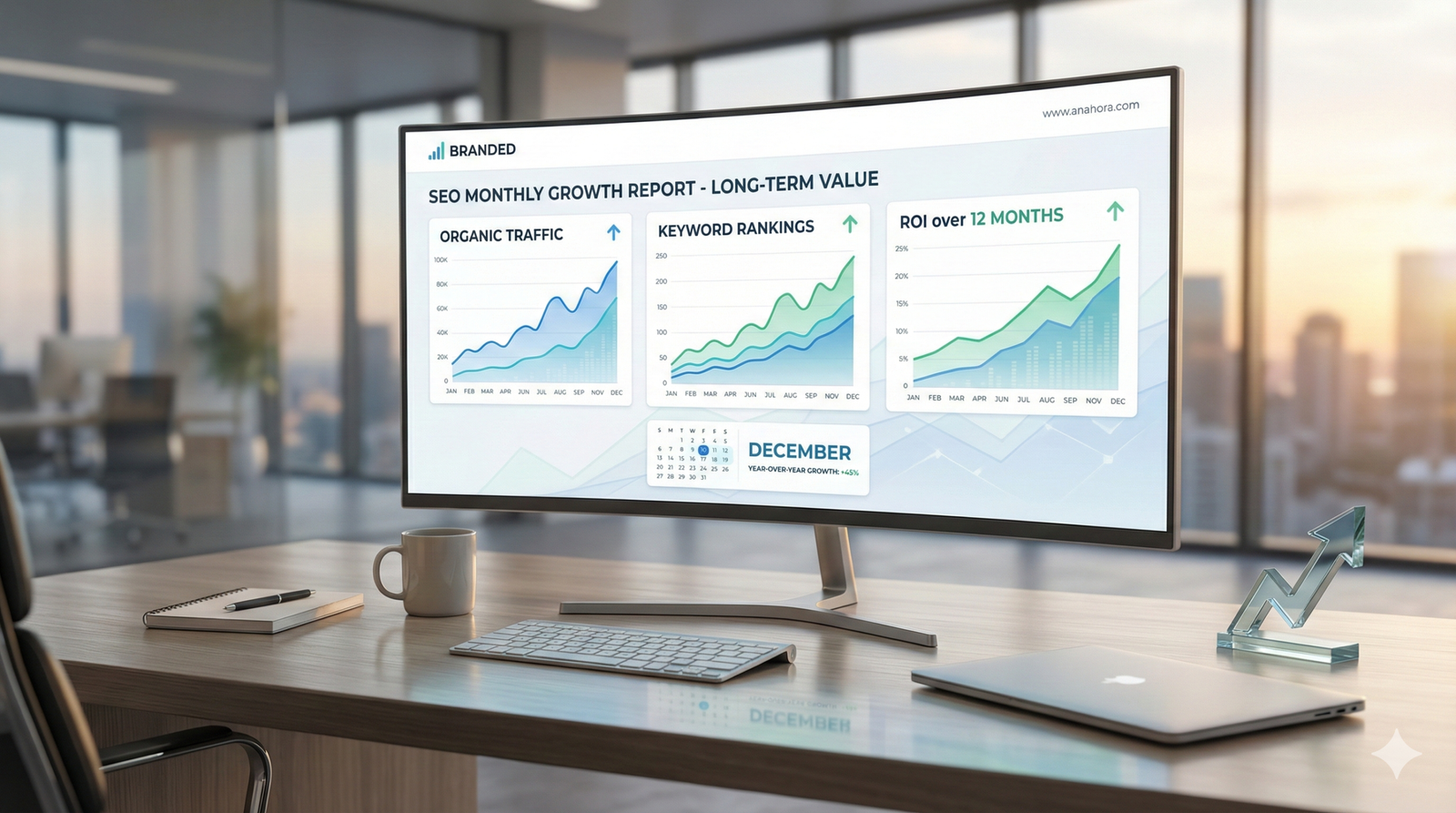 Modern office desk with a widescreen monitor displaying an SEO monthly growth report, showing rising organic traffic, keyword rankings, and ROI charts. A laptop, keyboard, notebook, and coffee cup sit neatly on the desk, conveying long-term SEO value, data-driven growth, and professional digital marketing analysis.