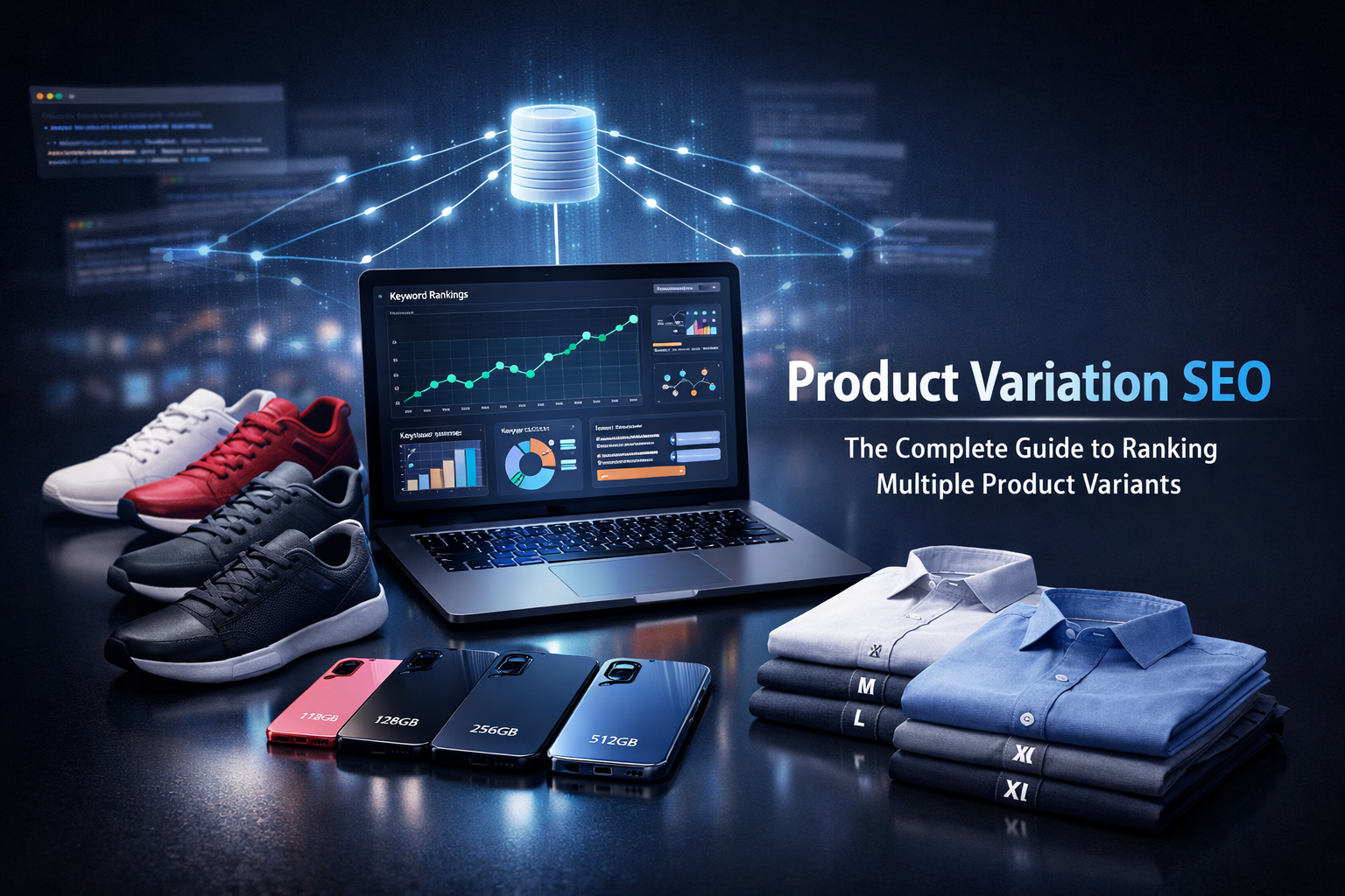 A high-tech SEO illustration titled “Product Variation SEO” shows a laptop with keyword-ranking dashboards connected to a database icon, surrounded by shoes, folded shirts in sizes, and smartphones labeled by storage, representing optimization of multiple ecommerce product variants.