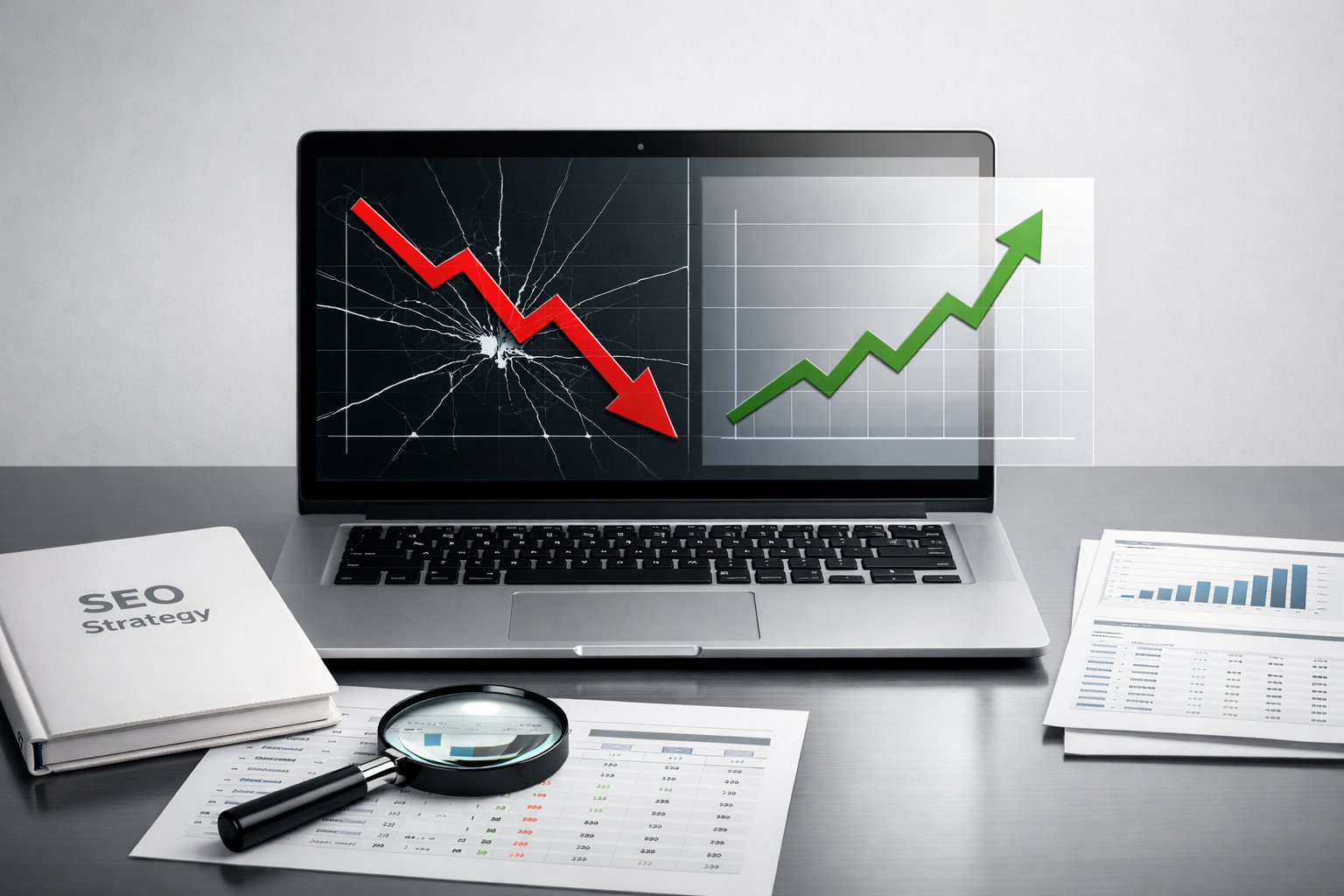 Laptop showing a cracked screen with a red downward arrow and an overlayed green upward graph, surrounded by SEO reports, charts, a magnifying glass, and an “SEO Strategy” book on a desk, symbolizing recovery and improvement in search performance.