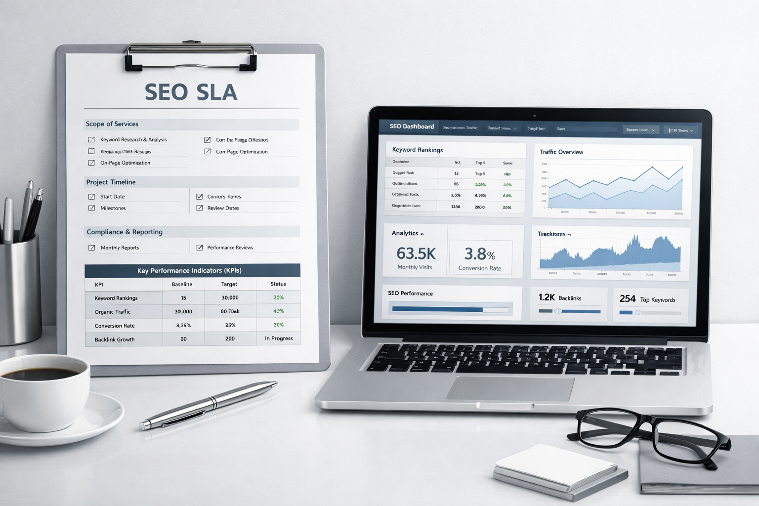 Clean desk setup with a laptop displaying SEO performance graphs, an open SEO plan book, pen holder, and water bottle, emphasizing organized digital marketing analysis, traffic growth, and strategic optimization work in a minimalist office.