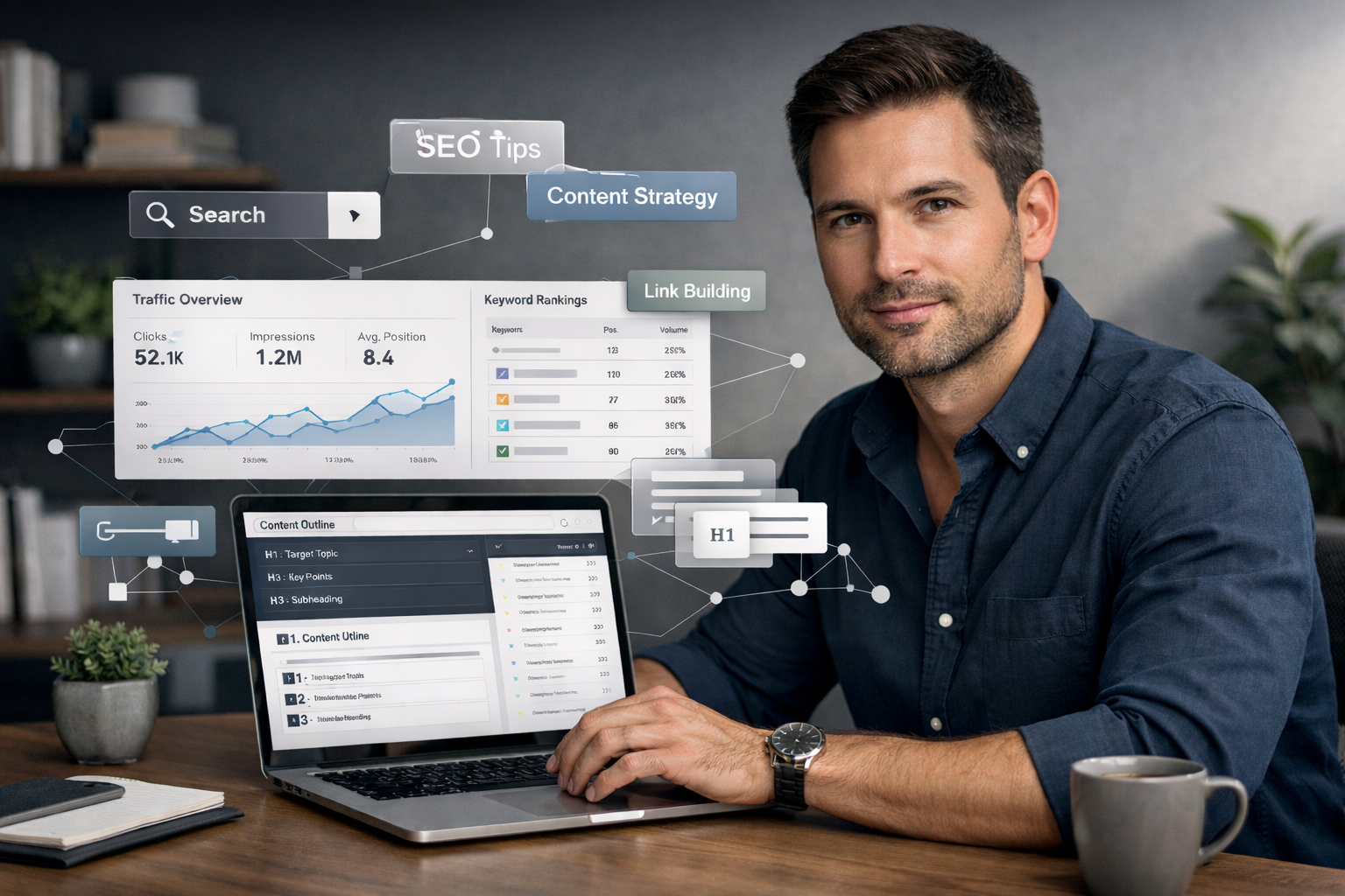 Man working on a laptop at a desk with floating SEO interface elements showing traffic overview, keyword rankings, content outlines, link building, and strategy tips, with charts, H1 tags, and analytics icons surrounding him in a modern workspace.