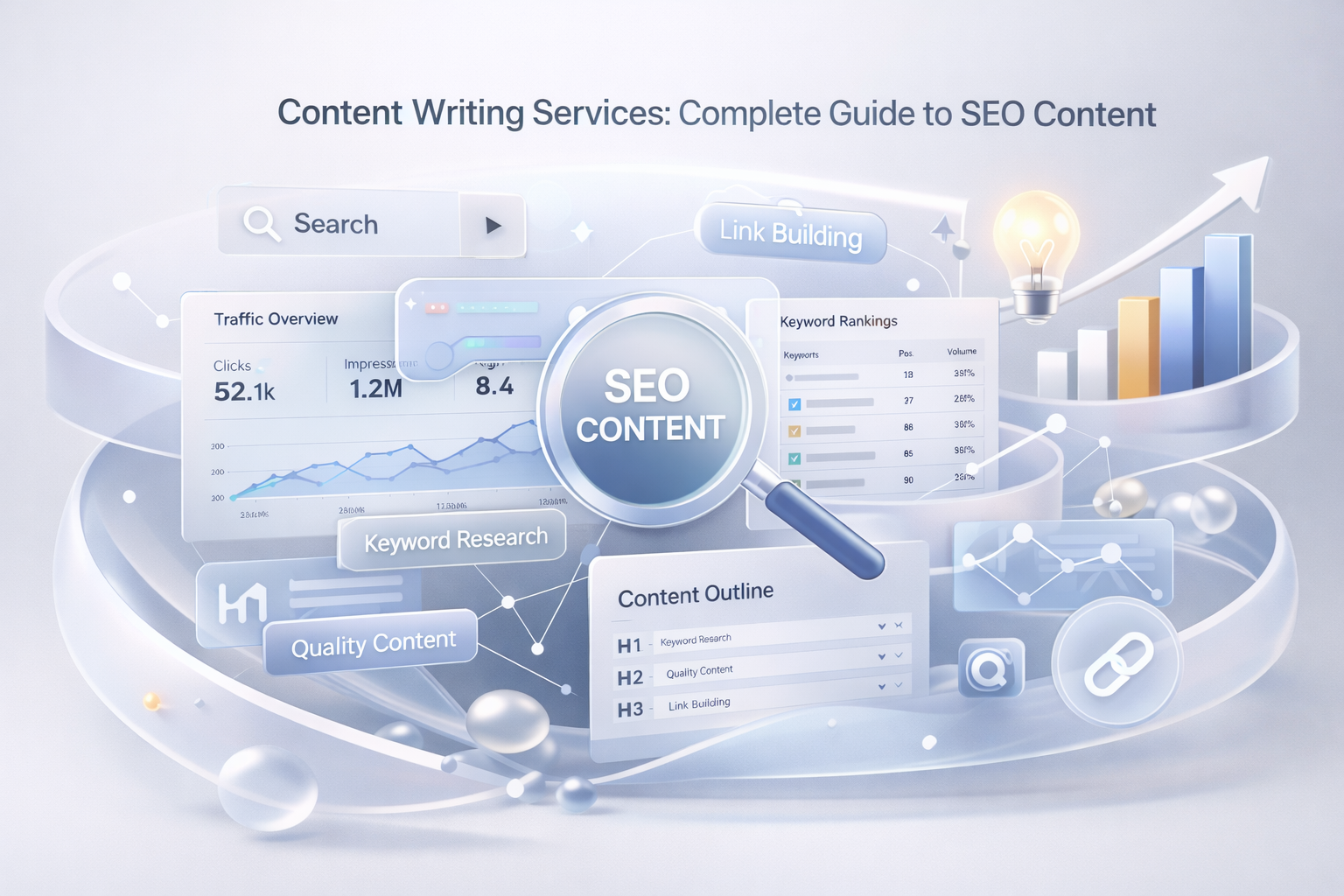 Futuristic illustration titled “Content Writing Services: Complete Guide to SEO Content” showing dashboards for traffic, keyword rankings, and research, a magnifying glass labeled SEO content, content outlines, link building icons, and rising charts symbolizing optimized content strategy and growth.