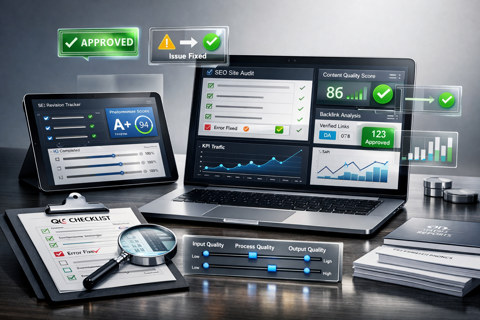 Modern desk with laptop and tablet showing SEO quality control dashboards, audit checklists, performance scores, backlink approvals, and traffic charts, plus floating “Approved” and “Issue Fixed” badges, magnifying glass, QC clipboard, and stacked reports symbolizing professional SEO review processes.