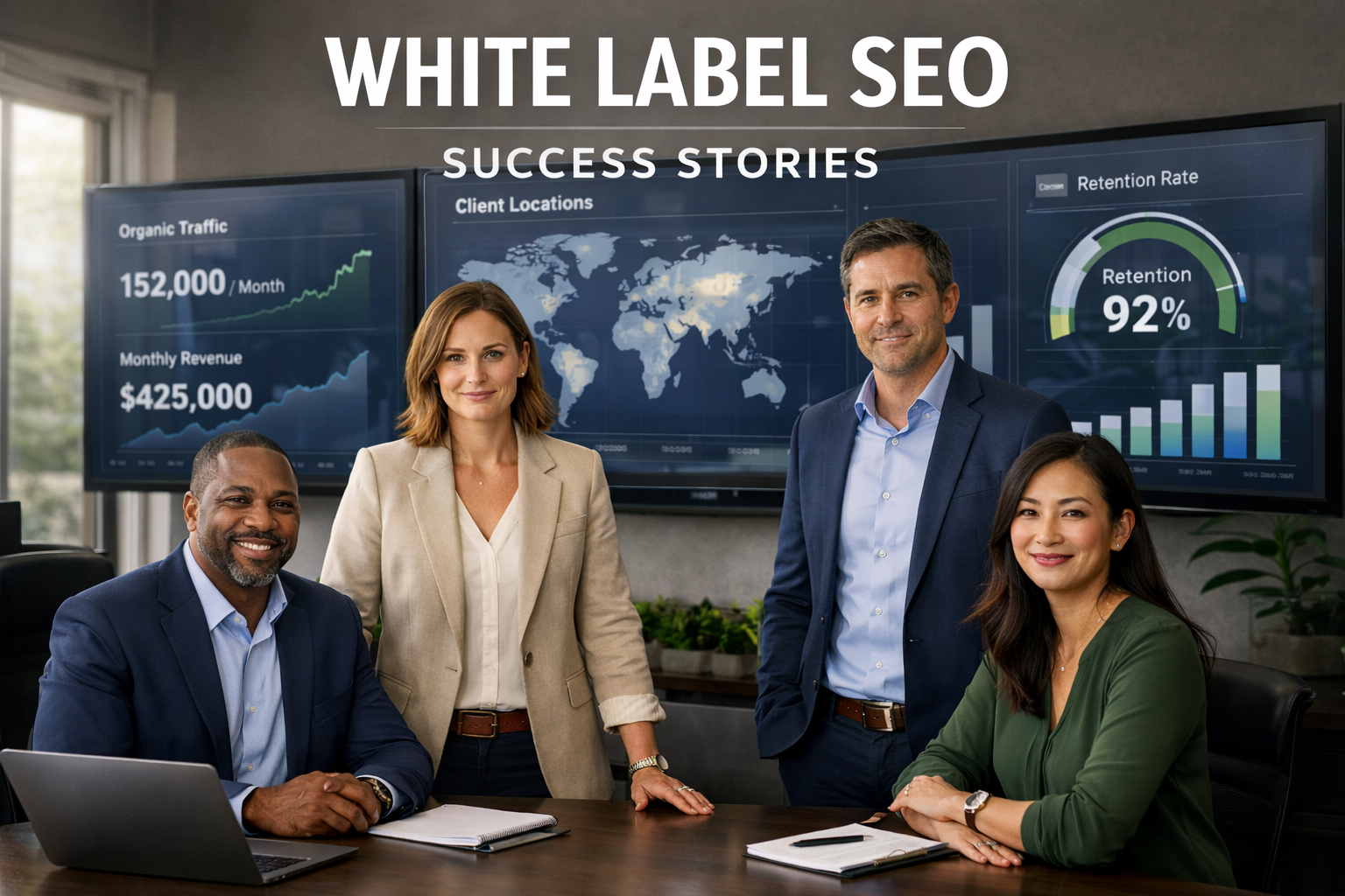 Team of four professionals posing in a conference room under the headline “White Label SEO Success Stories,” with large screens behind them showing organic traffic, revenue growth, client locations, and 92% retention rate dashboards.