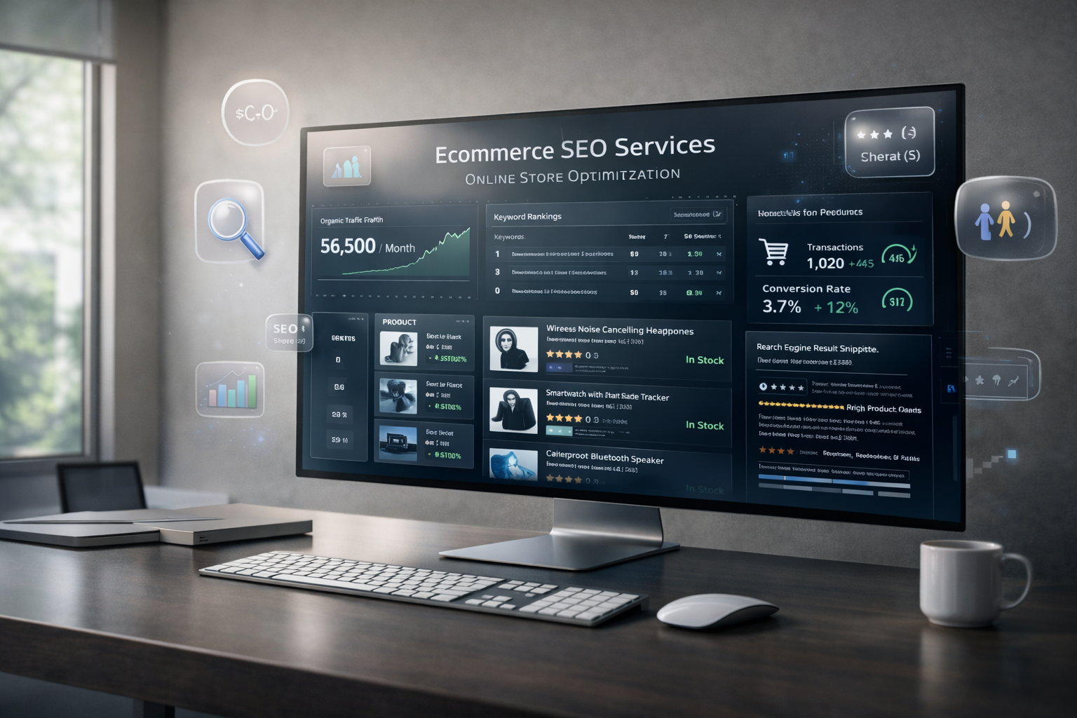 Modern desk setup with a wide monitor displaying an ecommerce SEO services dashboard, showing organic traffic growth, keyword rankings, product listings, transactions, and conversion rate metrics, with floating search and analytics icons in a clean office environment.