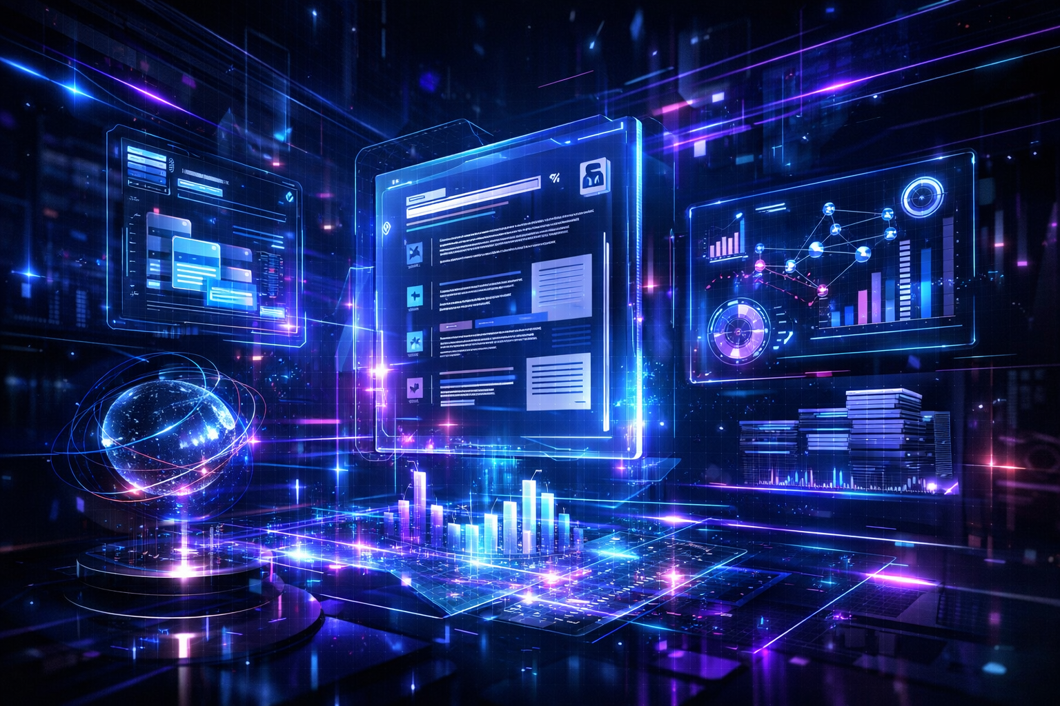Futuristic digital workspace with holographic screens displaying analytics dashboards, content panels, charts, and glowing data streams around a rotating globe, representing advanced SEO technology, data visualization, artificial intelligence, global performance tracking, and next-generation digital marketing systems.