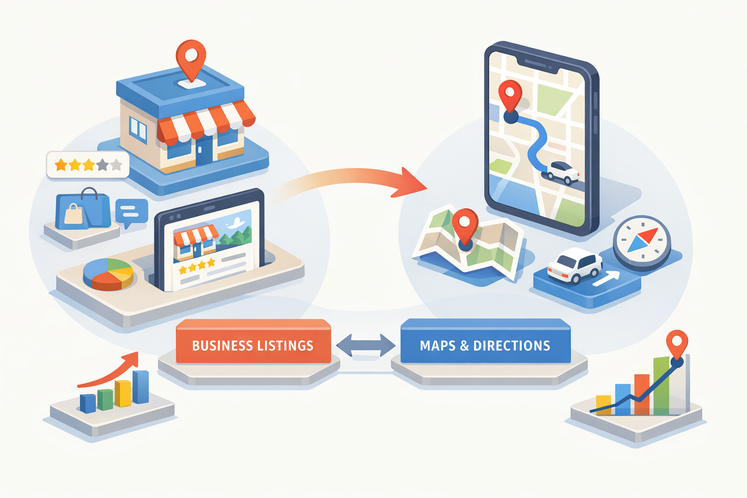 Illustration showing a storefront with reviews and business listings connected to a smartphone map with driving directions, location pins, navigation icons, and growth charts, highlighting how local business listings drive map visibility, customer navigation, and performance increases.