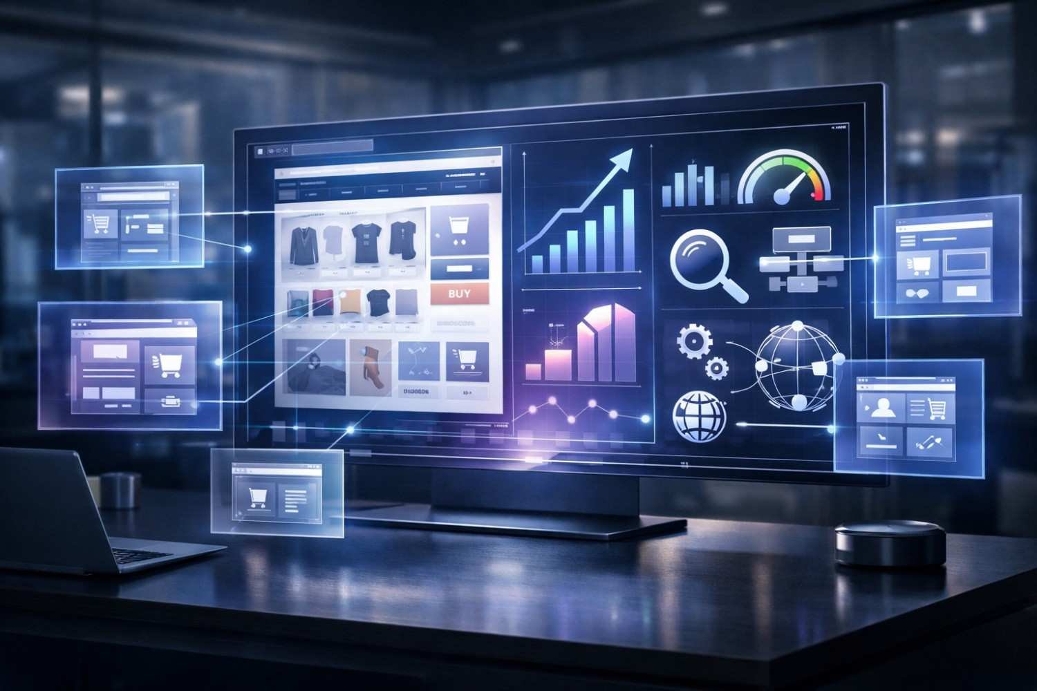 A modern desk setup with a large widescreen monitor displaying an ecommerce dashboard, product listings, analytics graphs, search and settings icons, global network visuals, and connected interface panels, glowing in a dark, high-tech office environment.