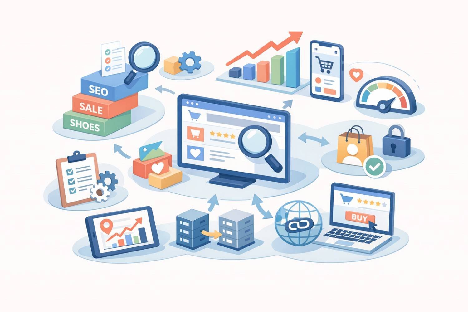 Illustration of ecommerce SEO and sales optimization, showing a product page on a monitor, magnifying glasses, analytics charts, mobile shopping, security icons, logistics servers, global links, and growth indicators connected in a circular workflow.