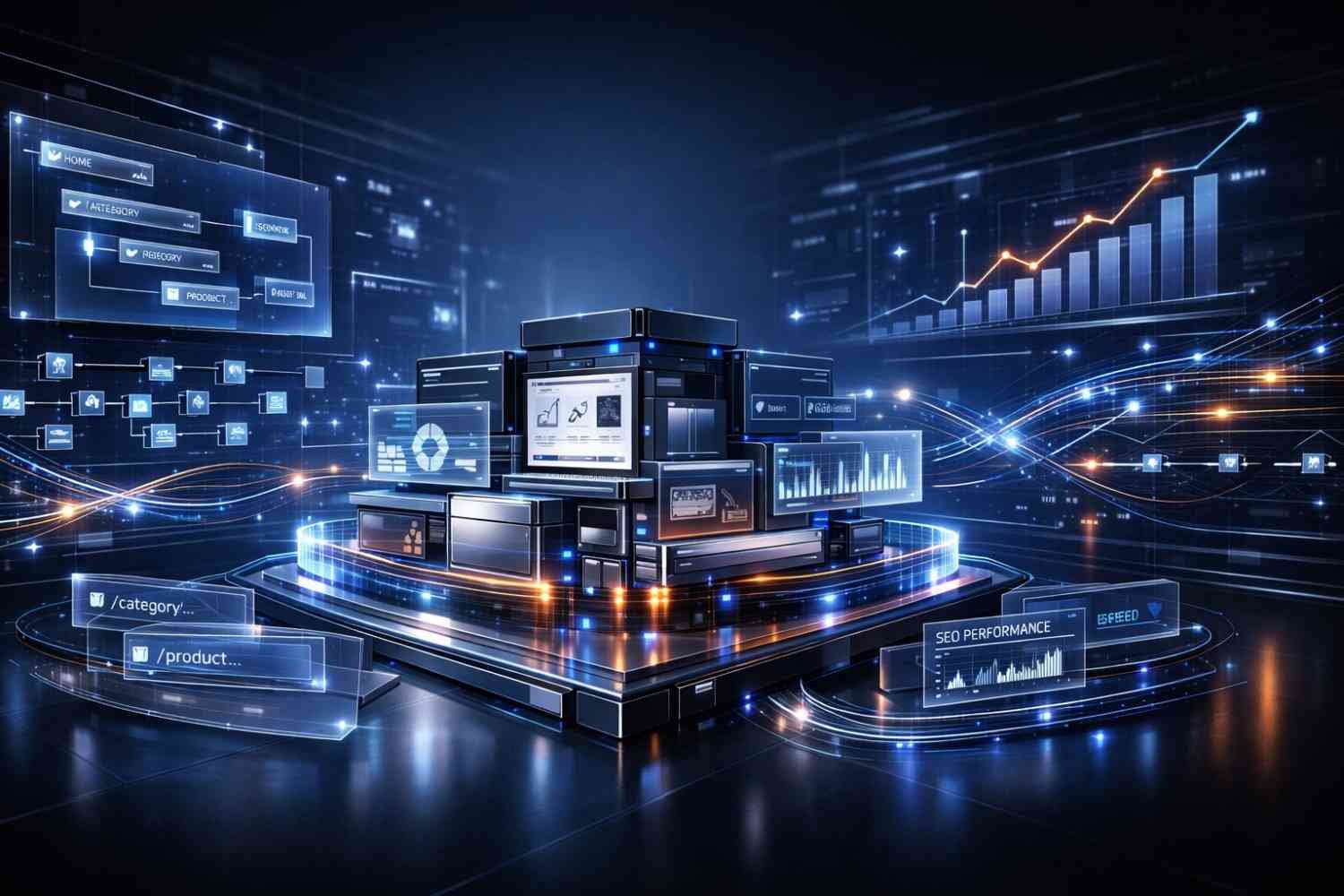 Futuristic server-like ecommerce platform surrounded by glowing data streams, SEO performance dashboards, rising traffic charts, URL paths, category and product panels, and holographic interface elements in a dark, high-tech digital environment.