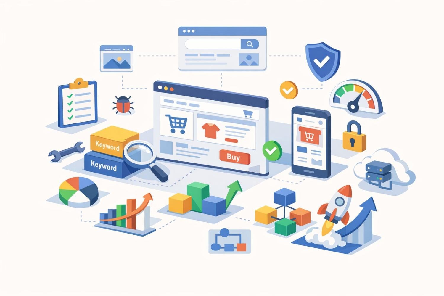 Illustration of ecommerce SEO optimization with a product page, keyword blocks, magnifying glass, analytics charts, speed gauge, security icons, mobile shopping, cloud servers, growth graphs, and a rocket symbolizing performance improvement and conversions.
