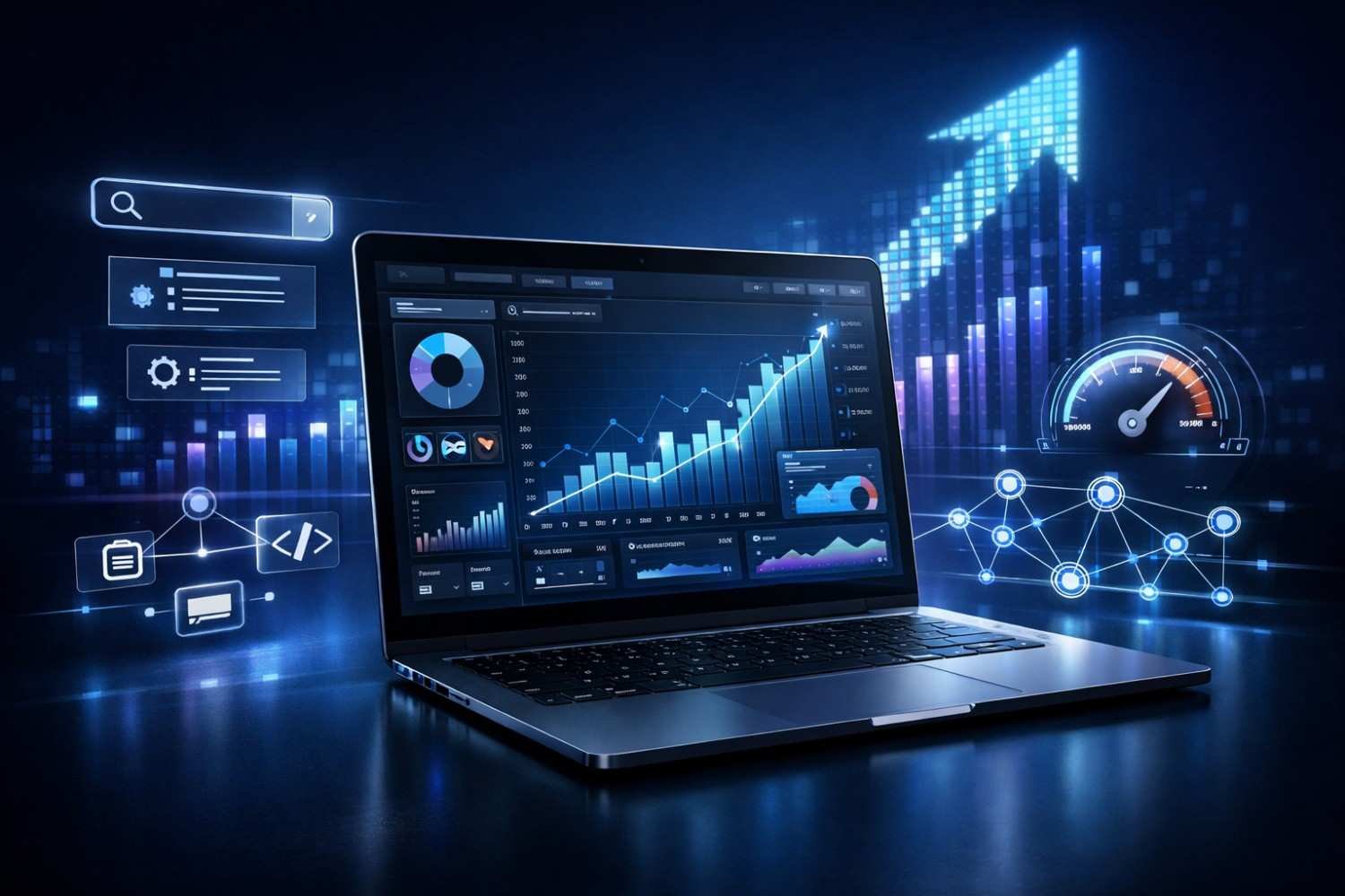 Laptop displaying a data analytics dashboard with rising graphs, charts, and performance metrics, surrounded by glowing SEO and network icons, a speed gauge, code symbols, and an upward arrow representing digital growth in a dark, futuristic setting.