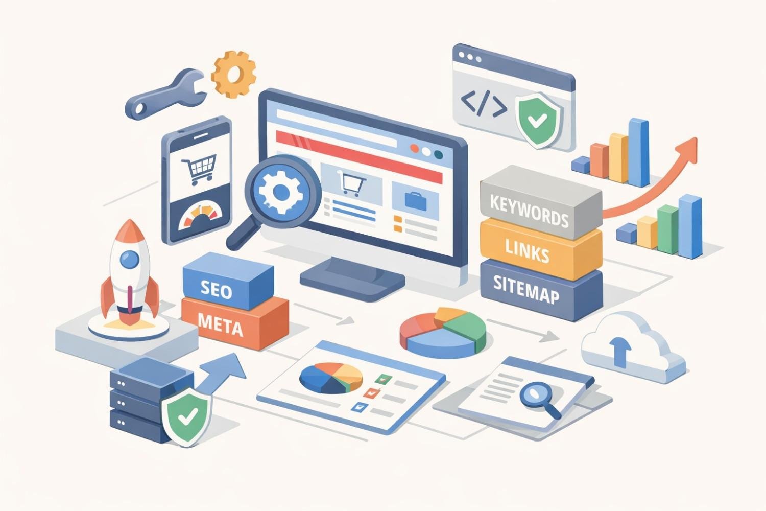 Illustration of technical SEO and ecommerce optimization featuring a product dashboard, magnifying glass and gear, keyword and link blocks, sitemap, charts, rocket launch, security shields, mobile shopping, code window, and growth graphs connected in a workflow.