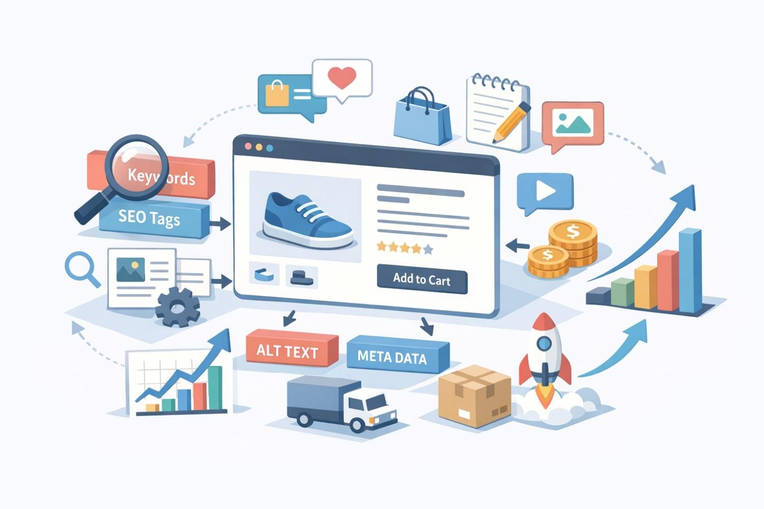 Illustration of ecommerce product SEO showing a shoe listing with ratings and add-to-cart button, surrounded by keywords, SEO tags, alt text, metadata, analytics charts, shipping, growth graphs, coins, social icons, and a rocket symbolizing sales optimization.