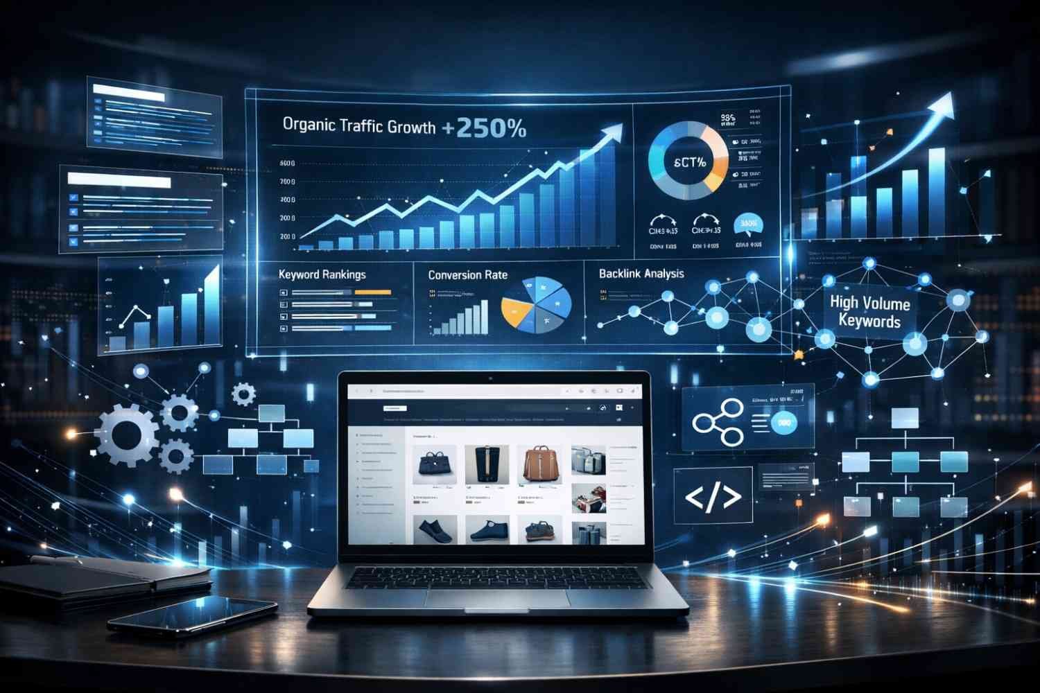 Laptop displaying an ecommerce store with holographic SEO dashboards showing organic traffic growth, keyword rankings, conversion rates, backlink analysis, high-volume keywords, rising charts, and technical icons in a futuristic digital workspace.
