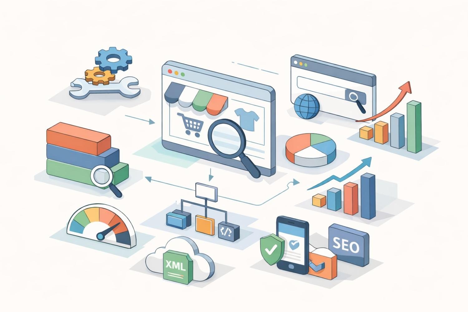 Illustration of ecommerce SEO workflow showing a product website with magnifying glass, analytics charts, search interface, optimization gears, speed gauge, XML sitemap, mobile security icons, growth graphs, and ranking improvements connected by arrows.