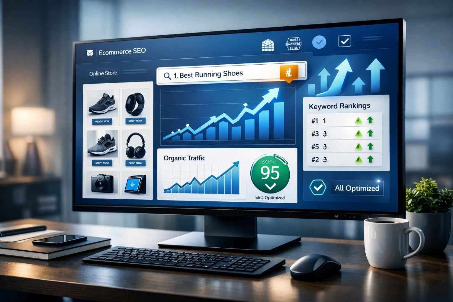 Wide monitor on a desk showing an ecommerce SEO dashboard with product listings, rising traffic charts, keyword rankings, organic growth metrics, and “all optimized” status, beside a keyboard, mouse, coffee mug, and plant in a modern office.