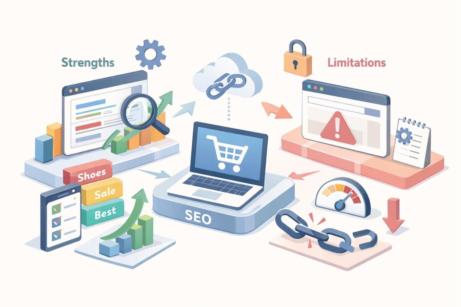 Illustration comparing SEO strengths and limitations for ecommerce, showing a shopping site with growth charts, rankings, links, and sales on one side, and warnings, broken links, slow speed, and security issues on the other.