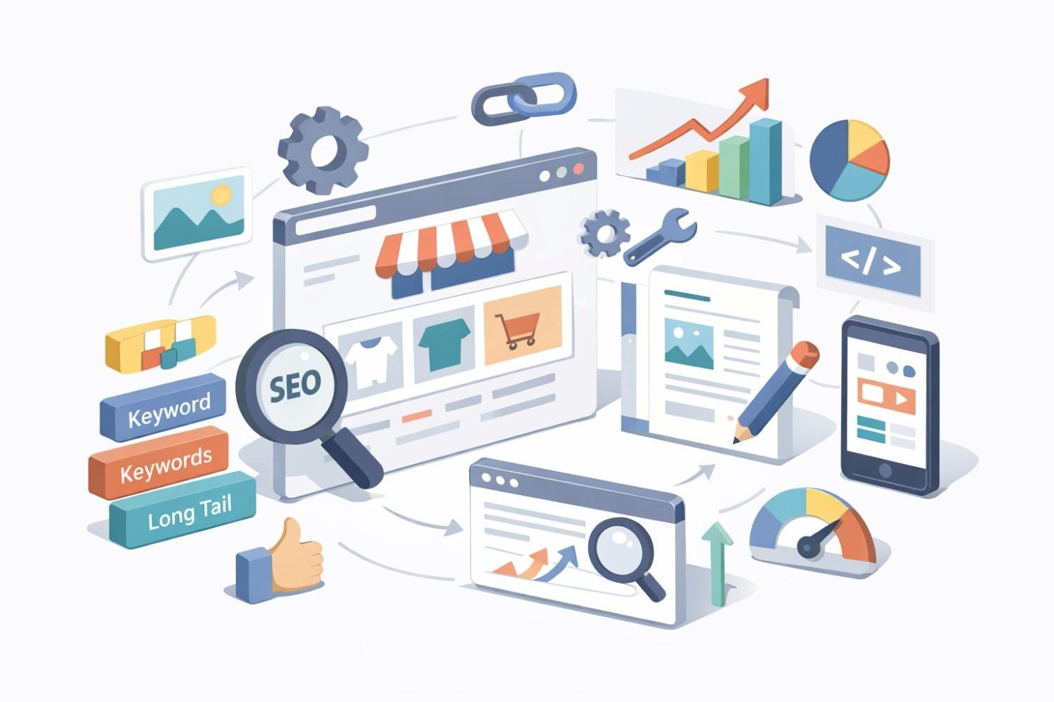 Illustration of ecommerce SEO showing a storefront webpage, magnifying glass, keyword blocks, analytics charts, content editing tools, backlinks, coding icons, mobile view, speed gauges, and growth graphs connected in a circular optimization workflow.