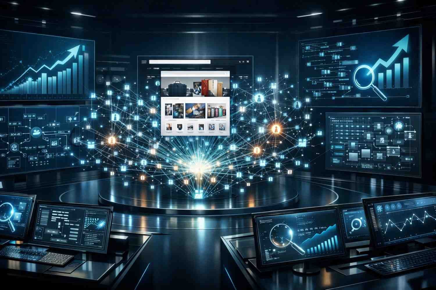 Futuristic command center with a central ecommerce website display surrounded by glowing network nodes, user icons, SEO analytics screens, rising charts, magnifying glass symbols, and data dashboards visualizing search visibility and digital growth.