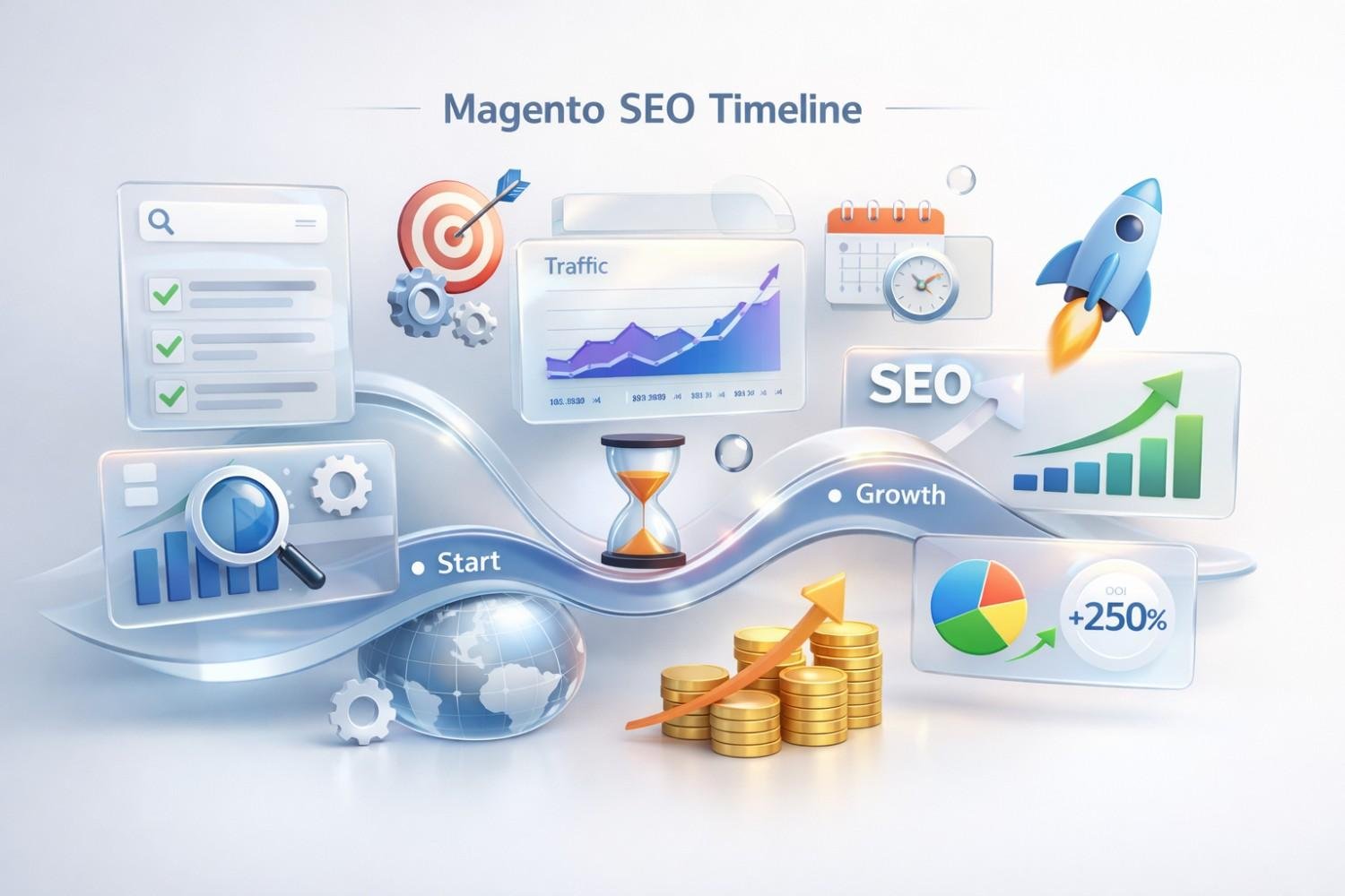 Illustration titled “Magento SEO Timeline” showing traffic growth charts, target icon, checklist, calendar, hourglass, rocket launch, SEO arrows, coins, global icon, and a rising ROI indicator, visualizing stages from start to growth and performance improvement.