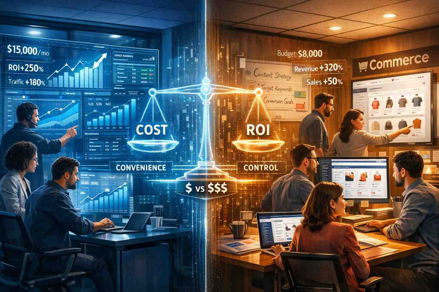 Split-scene illustration comparing ecommerce strategies, with analysts reviewing SEO dashboards and traffic charts on one side, marketers managing online store sales on the other, and a central scale weighing cost versus ROI, convenience versus control, with revenue and growth metrics displayed.