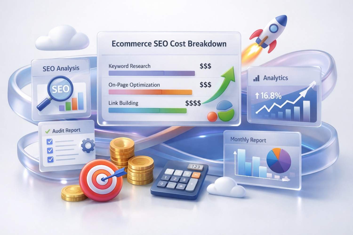 Illustration titled “Ecommerce SEO Cost Breakdown” showing bars for keyword research, on-page optimization, and link building, plus analytics charts, audit report, coins, calculator, target icon, rocket, and growth arrows representing SEO investment and returns.
