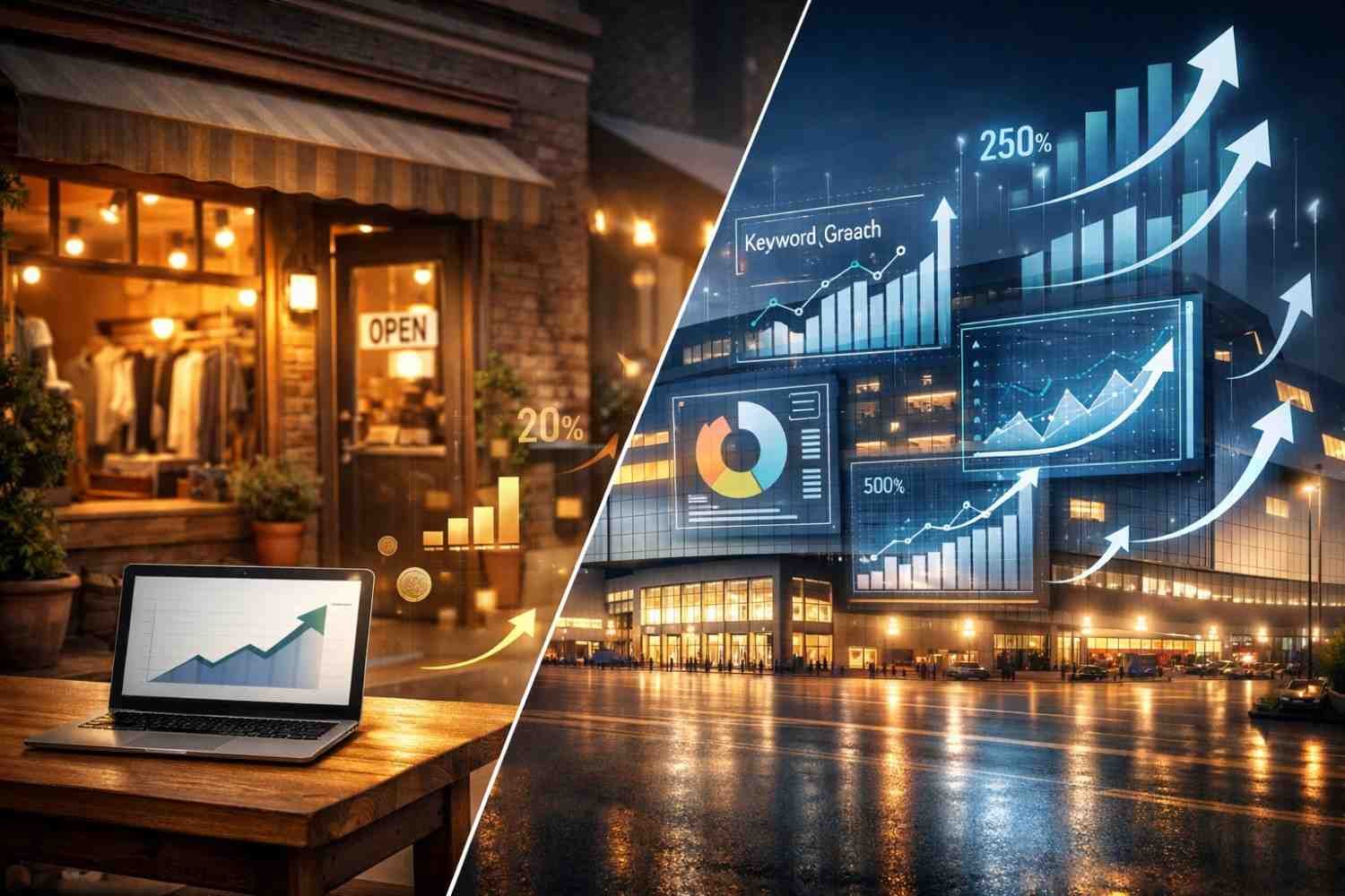 Split image showing a small boutique with a laptop and modest sales growth on one side, contrasted with a large commercial building overlaid with dramatic SEO dashboards, keyword growth charts, and soaring performance arrows, illustrating business scaling through search optimization.