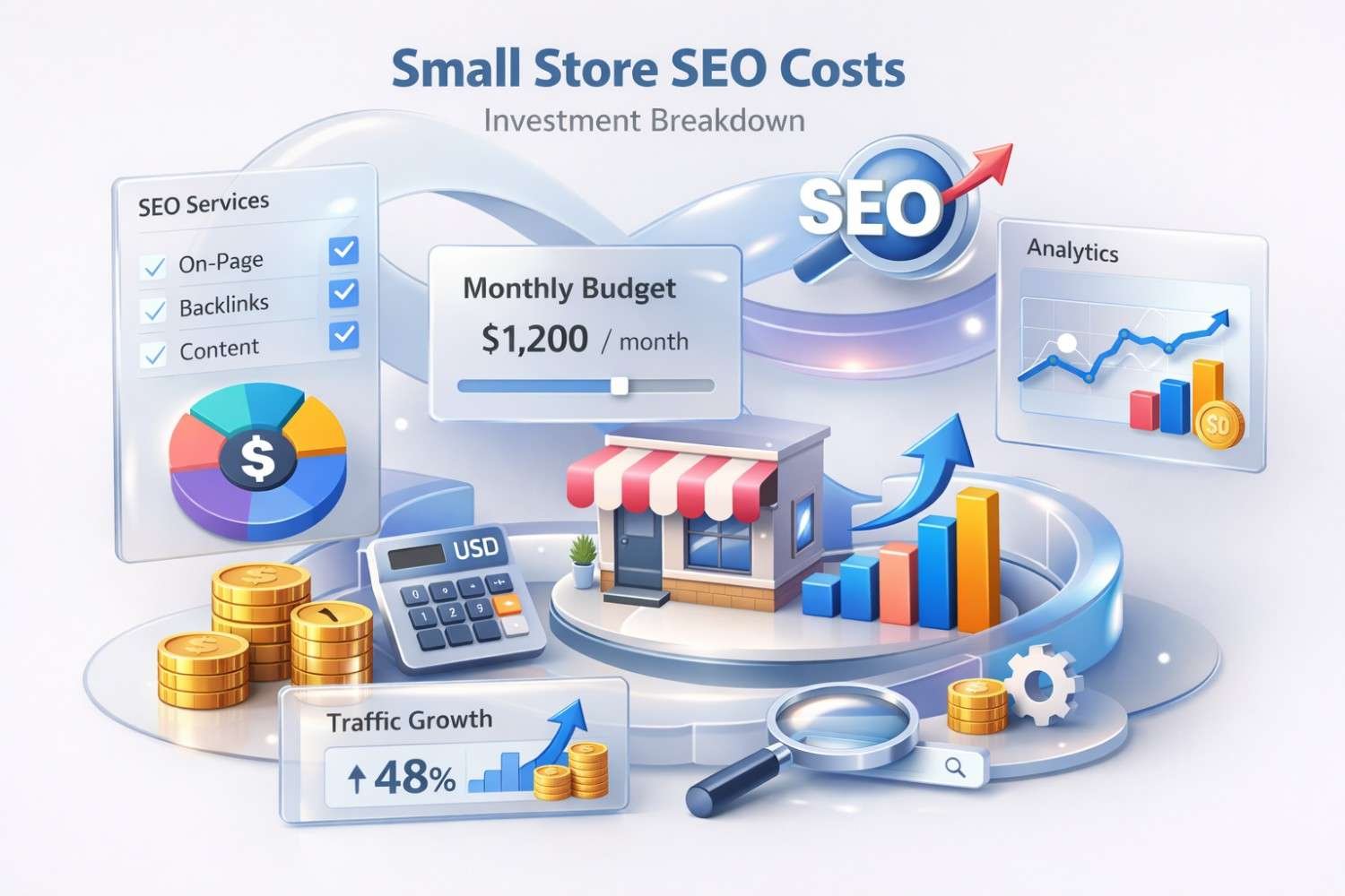 Illustration titled “Small Store SEO Costs” showing a budget breakdown with monthly spend, SEO services checklist, analytics charts, traffic growth, coins, calculator, magnifying glass, and a small shop surrounded by rising bar graphs and optimization icons.