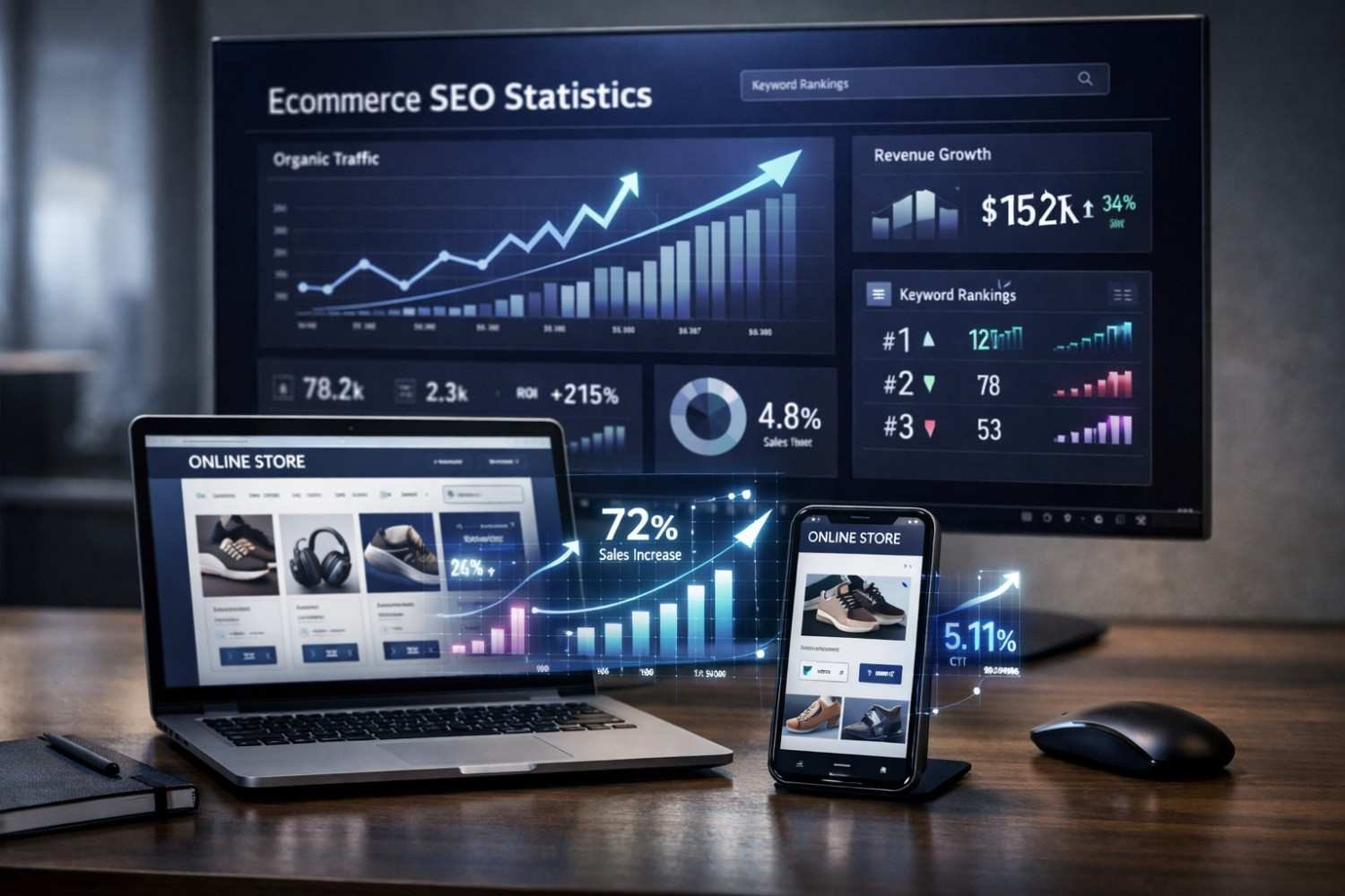 Desk setup with laptop and smartphone showing an online store, in front of a large monitor displaying ecommerce SEO statistics, organic traffic growth, revenue increase, keyword rankings, and sales metrics, with glowing charts and upward arrows indicating performance gains.