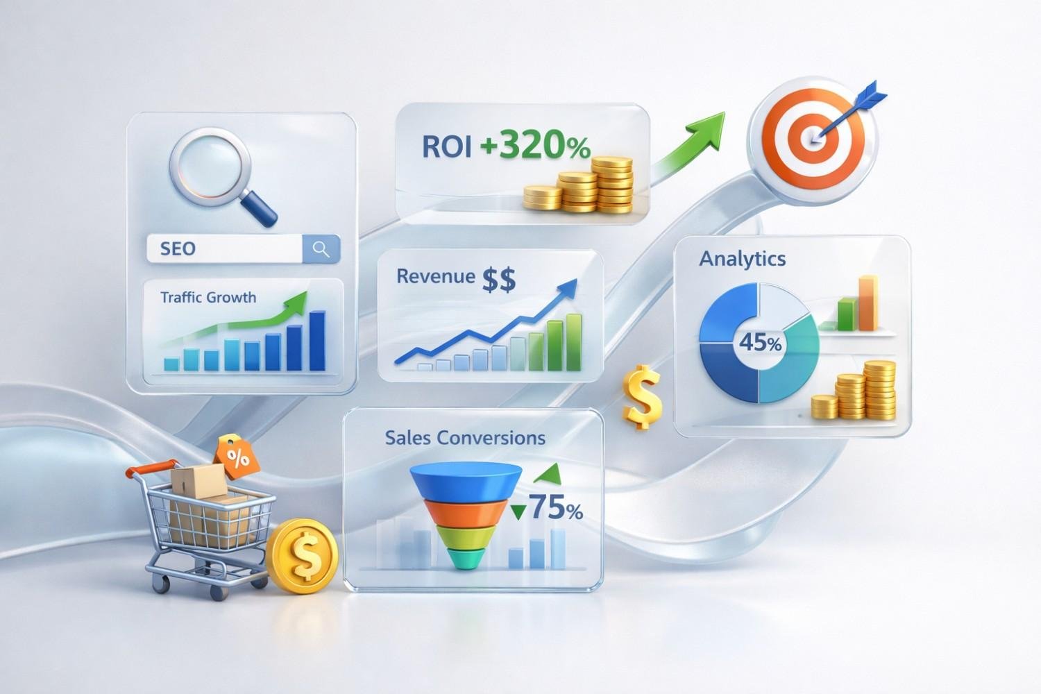 Illustration of ecommerce SEO performance metrics showing ROI +320%, revenue growth charts, traffic increase, analytics pie chart at 45%, sales conversion funnel at 75%, shopping cart icon, target symbol, and upward arrows, representing marketing success and improved profitability.