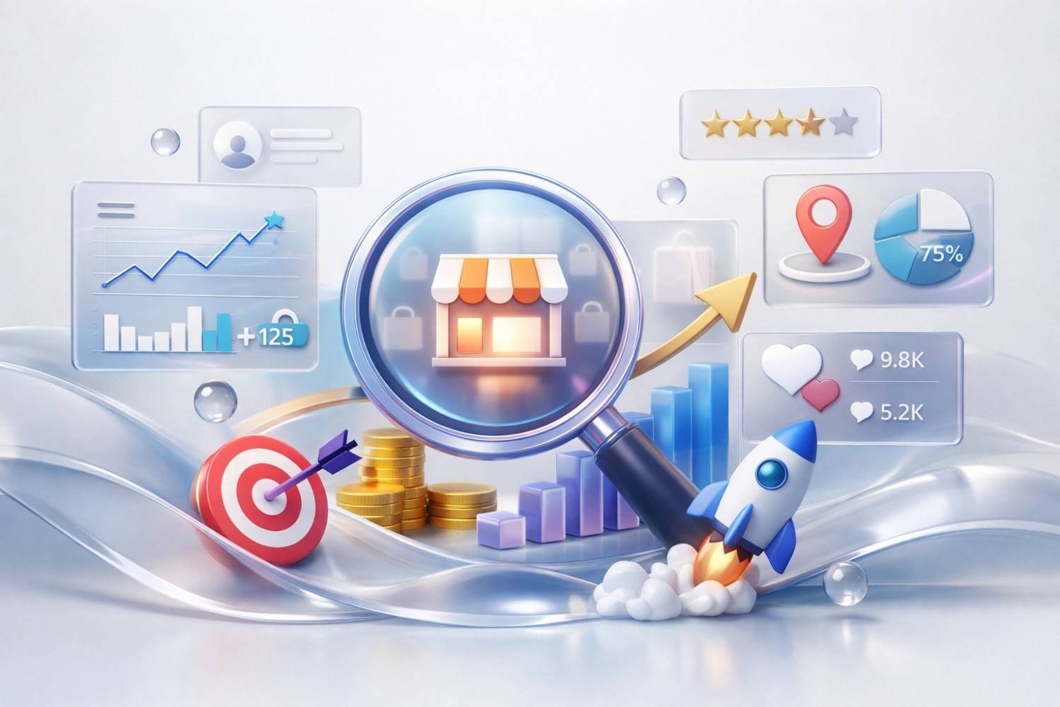 Magnifying glass highlights a small storefront surrounded by rising charts, coins, target icon, rocket launch, star ratings, location pin, and social engagement metrics. The scene illustrates ecommerce SEO success, growth tracking, revenue increase, customer reviews, and digital marketing performance in a clean, futuristic style.