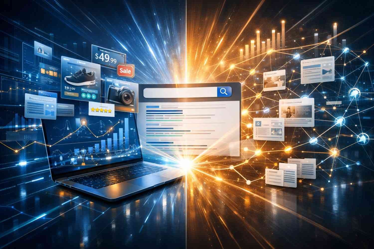 A dramatic split-screen digital illustration showing a laptop with ecommerce product cards, prices, star ratings, charts, and a central search results page on the left, while the right side features glowing interconnected web pages and data nodes, symbolizing SEO, content networks, and search-driven growth.