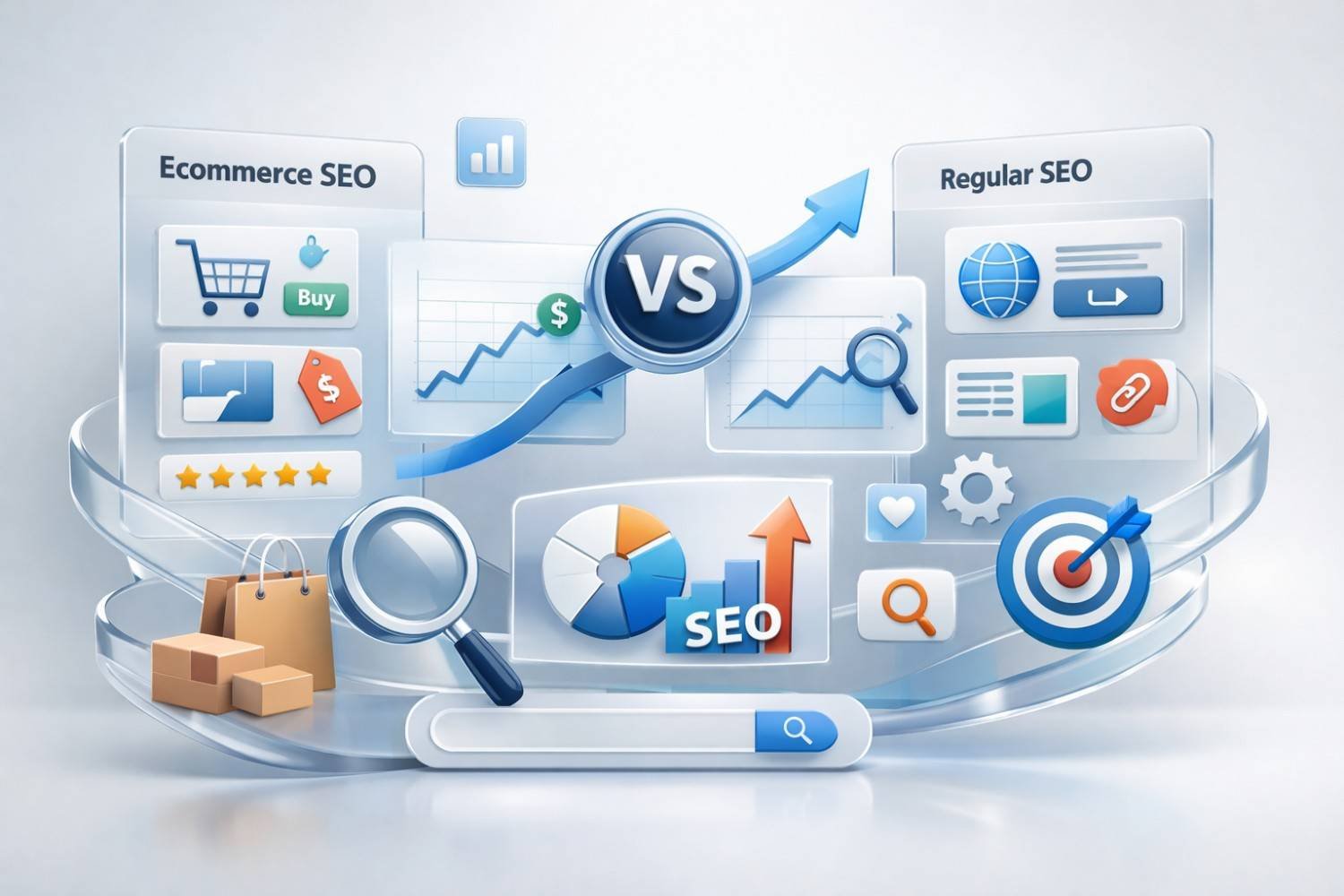 A clean comparison graphic labeled “Ecommerce SEO vs Regular SEO,” showing shopping cart and product icons on the left, website and link icons on the right, and central charts, arrows, search bars, and magnifying glasses representing traffic growth, optimization strategies, and performance analysis.