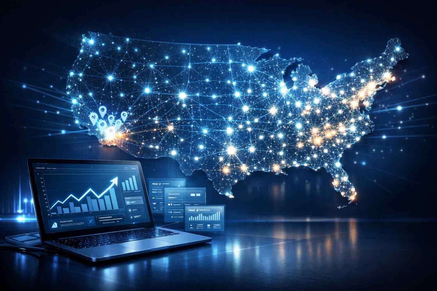 A high-tech illustration showing a laptop with rising analytics dashboards in the foreground and a glowing network map of the United States filled with connected nodes and location pins, representing nationwide digital traffic growth, data networks, and geographic SEO performance.