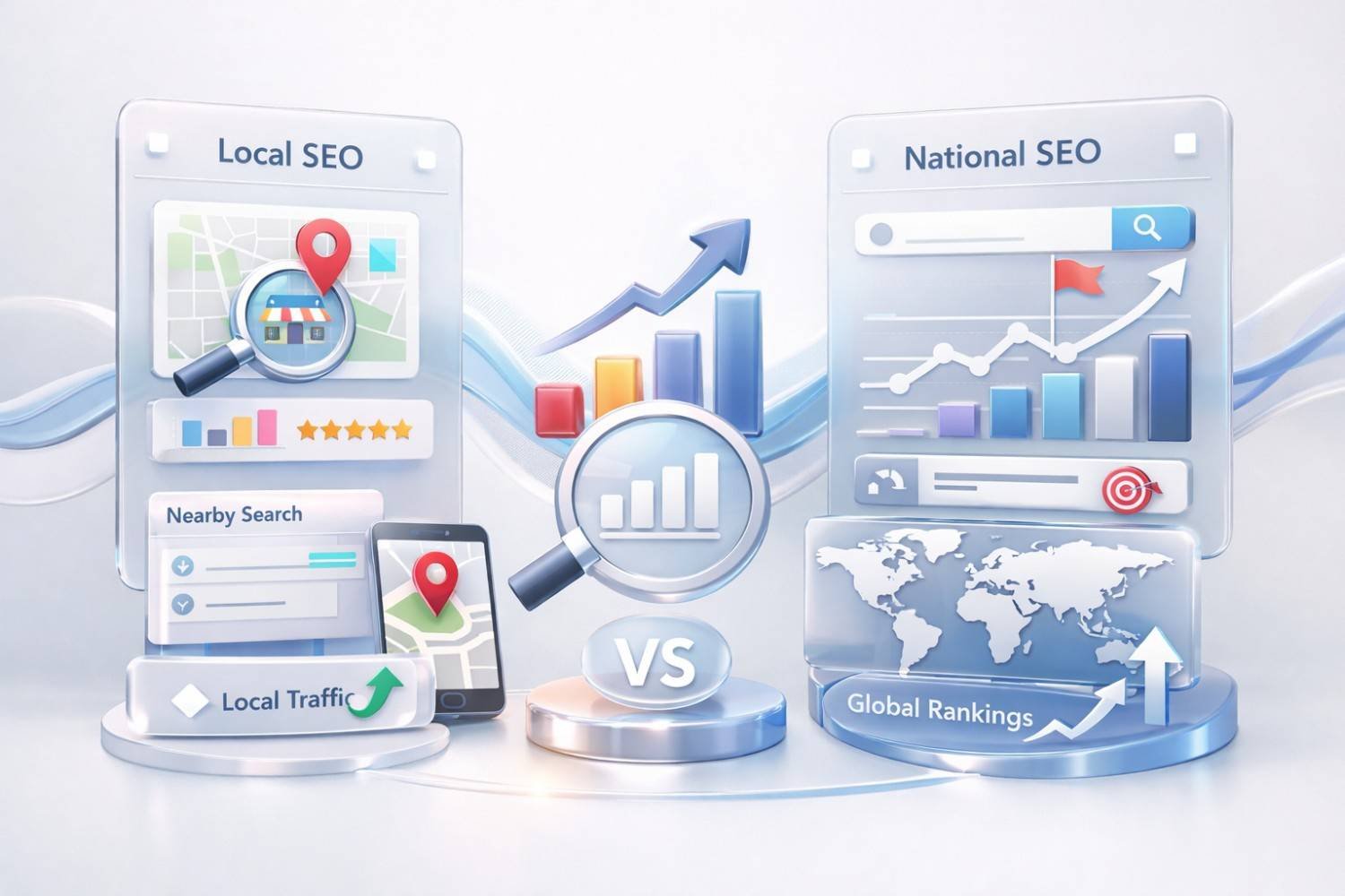 A polished comparison graphic showing “Local SEO vs National SEO,” with maps, location pins, star ratings, and nearby search results on the left, global charts and world maps on the right, and central magnifying glasses, growth bars, and arrows representing traffic and ranking performance.