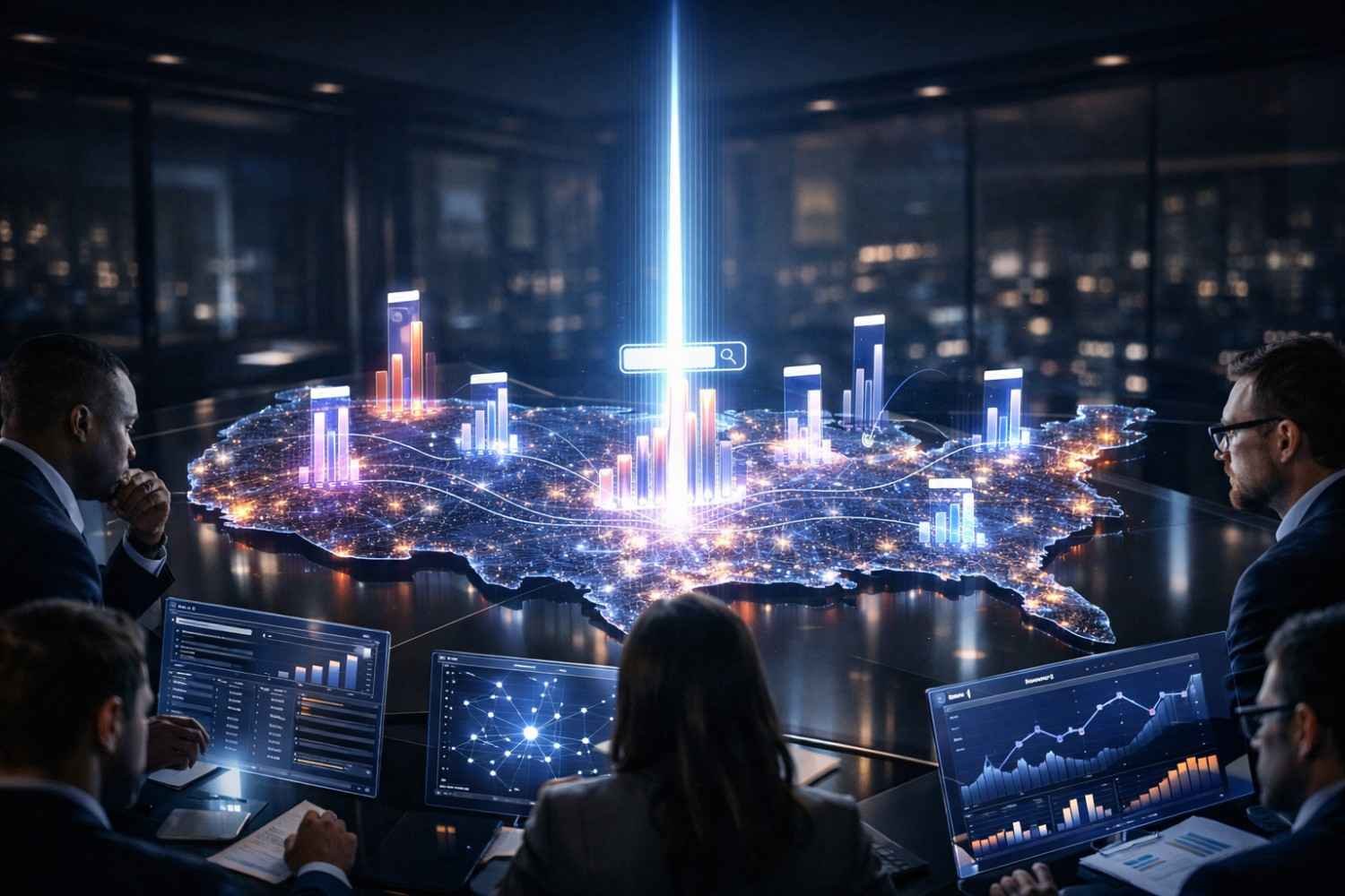A dramatic boardroom scene where executives analyze glowing dashboards around a holographic U.S. map filled with illuminated city nodes, bar charts, and a central search beam, symbolizing nationwide SEO strategy, data-driven decisions, and ranking growth.