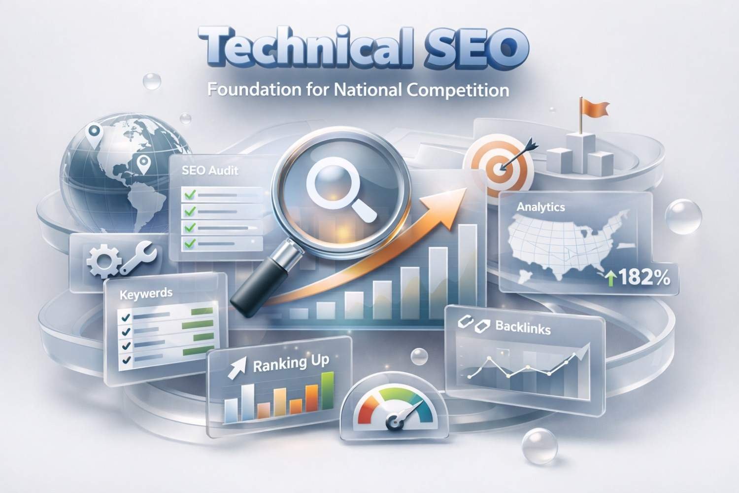 A polished infographic titled “Technical SEO – Foundation for National Competition,” featuring a magnifying glass over rising charts, SEO audit checklists, keywords, backlinks, analytics maps, targets, and growth arrows, symbolizing optimization, performance tracking, and nationwide ranking improvement.