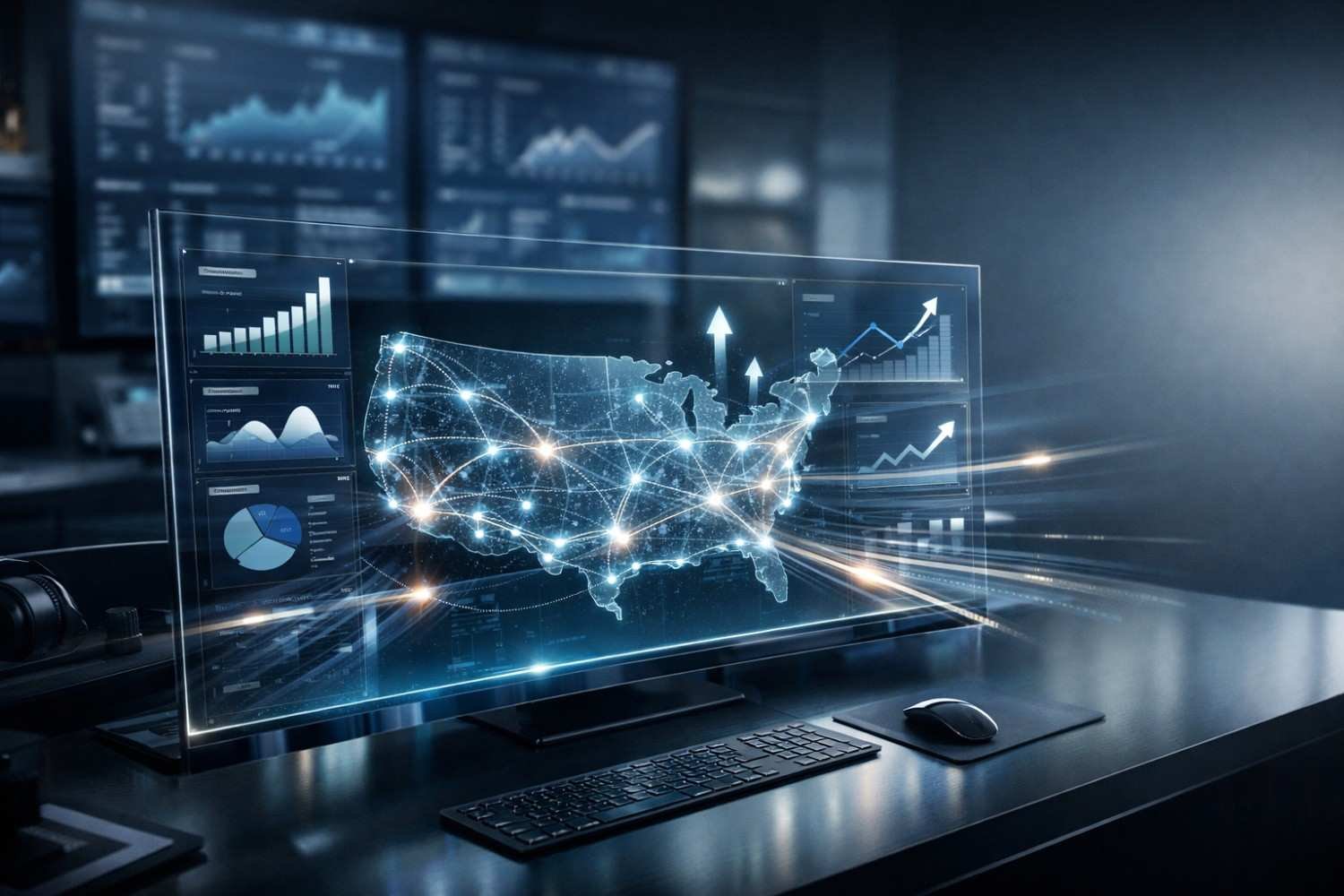 A high-tech workstation with a transparent widescreen display showing a glowing network map of the United States surrounded by analytics dashboards, upward-trending graphs, and charts, representing nationwide SEO performance, traffic growth, and data-driven strategy.