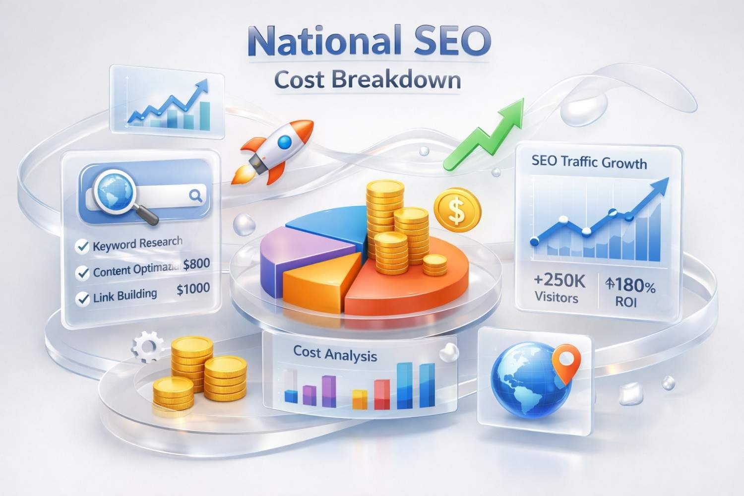 An infographic titled “National SEO Cost Breakdown” showing a pie chart of expenses, stacks of coins, keyword research and link building costs, cost analysis graphs, and SEO traffic growth panels with rising charts, visitors, and ROI, representing budgeting and performance forecasting for nationwide SEO campaigns.