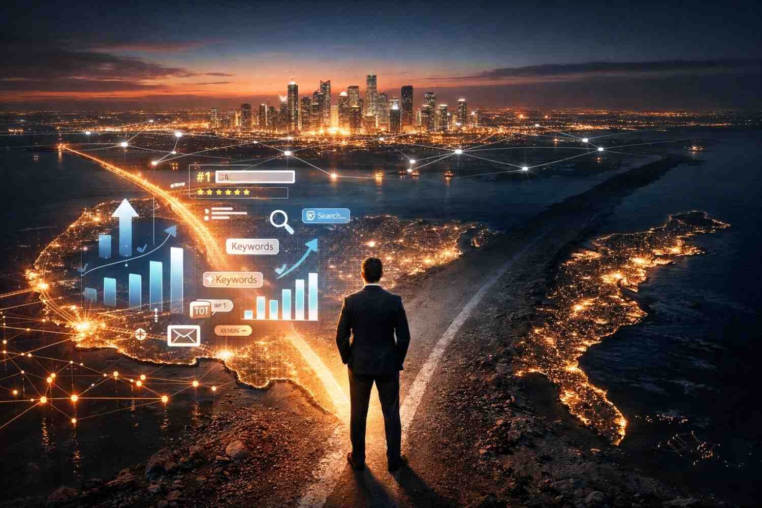 A cinematic scene of a person standing at a glowing crossroads overlooking a illuminated city, with digital SEO charts, keyword icons, search bars, and rising graphs floating over connected road networks, symbolizing strategic national search marketing and growth decisions.