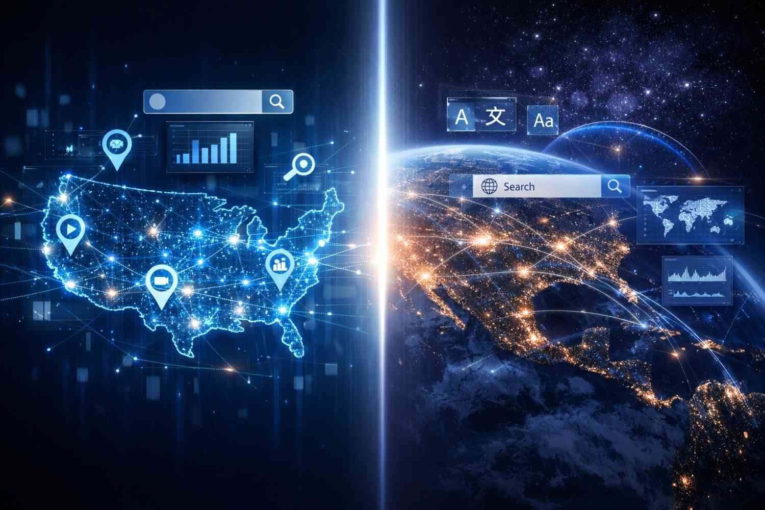 A split-screen digital scene showing a glowing U.S. map with location pins, search bars, and analytics icons on the left, and a view of Earth with global search interfaces, language symbols, and traffic charts on the right, illustrating national versus international SEO and worldwide expansion.