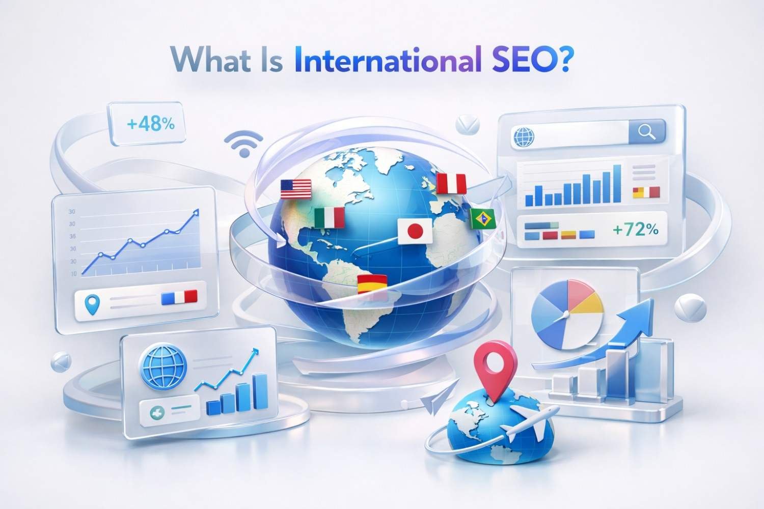 An infographic titled “What Is International SEO?” showing a rotating globe with country flags, location pins, airplanes, and surrounding panels of search results, growth charts, percentages, and analytics, illustrating worldwide optimization, multilingual targeting, and global traffic expansion.