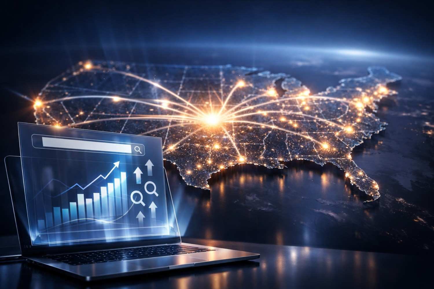 A glowing nighttime map of the United States with bright connection lines radiating from a central hub, paired with a laptop displaying rising search and traffic charts, symbolizing nationwide SEO reach, networked visibility, and organic growth performance.