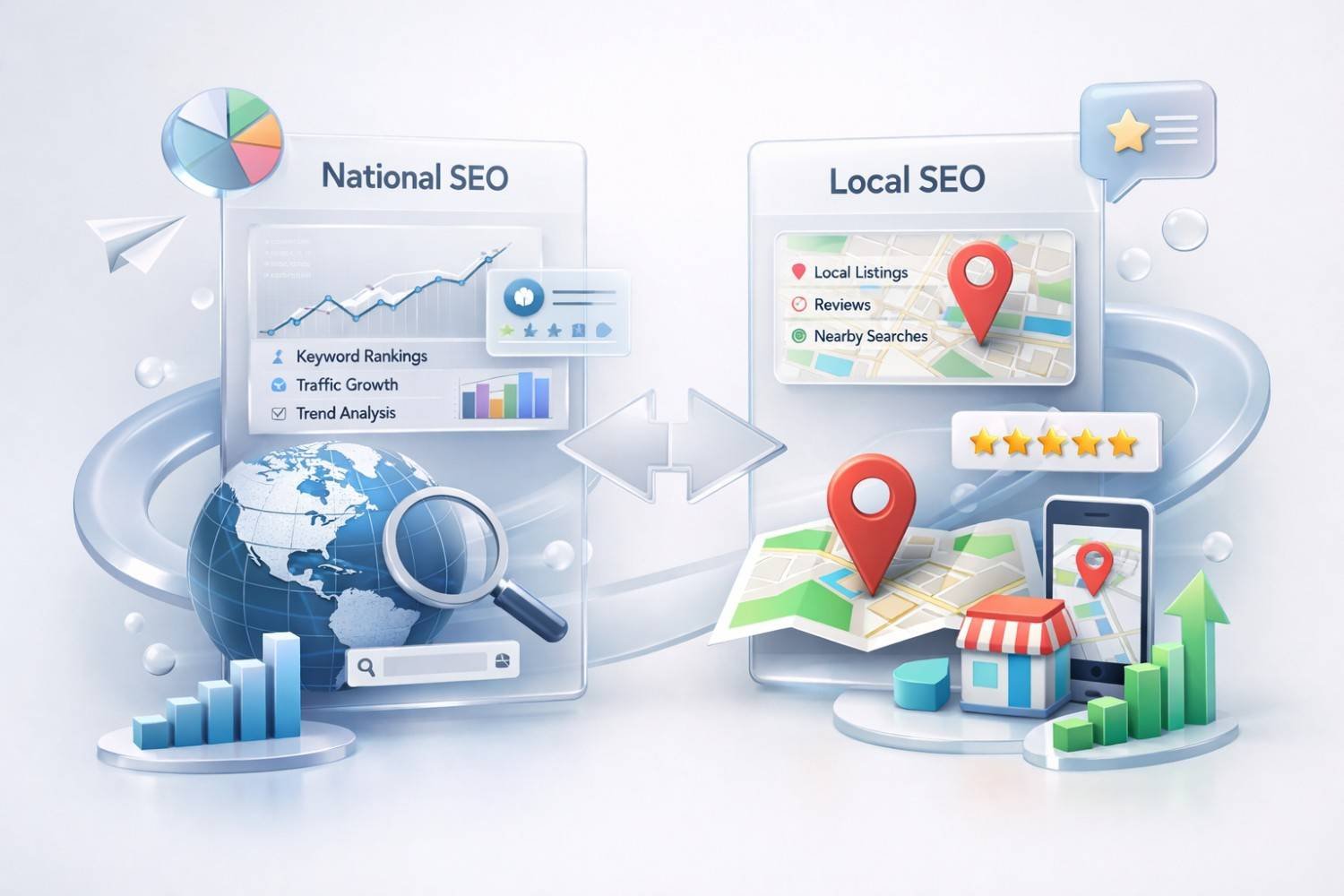 A clean comparison infographic contrasting National SEO and Local SEO, with charts, globe, magnifying glass, and ranking metrics on the national side, and maps, location pins, reviews, storefront icons, and star ratings on the local side, illustrating broad reach versus nearby search focus.