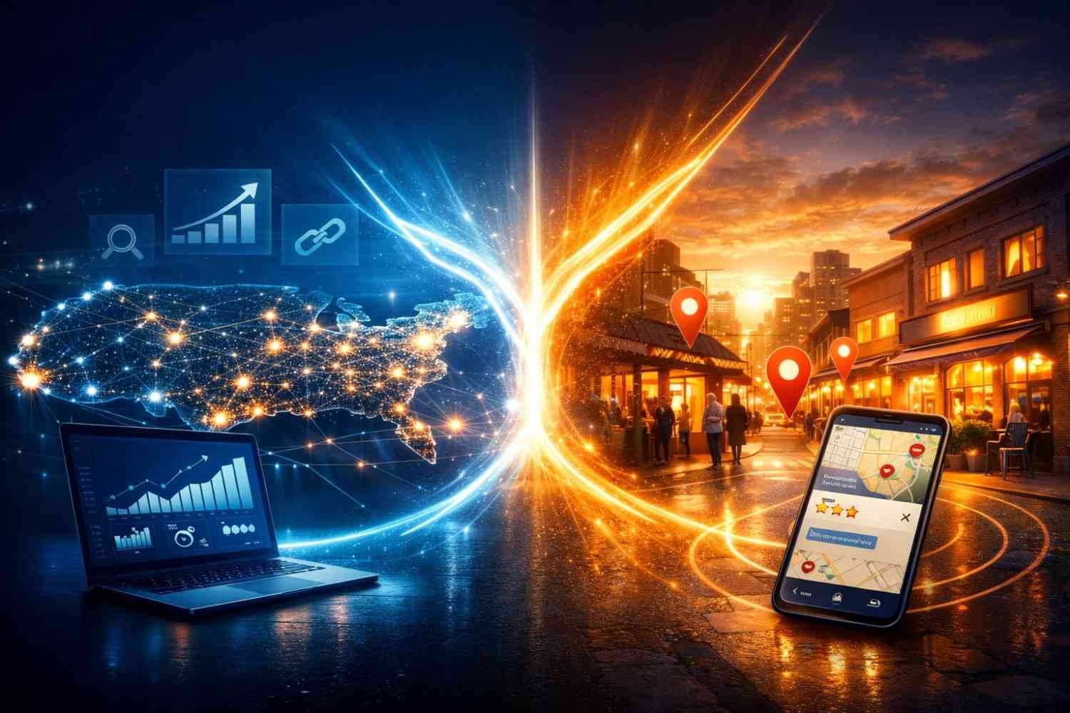 A dramatic split illustration showing national SEO on the left with a glowing U.S. network map and laptop analytics, and local SEO on the right with a lively street scene, location pins, and a smartphone map app, highlighting broad online reach versus nearby customer discovery.