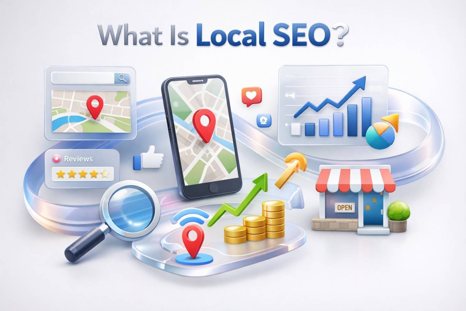 An infographic titled “What Is Local SEO?” showing a smartphone map with location pins, review stars, a magnifying glass, rising charts, coins, Wi-Fi signals, and a small storefront, illustrating nearby search visibility, customer discovery, and local business growth.
