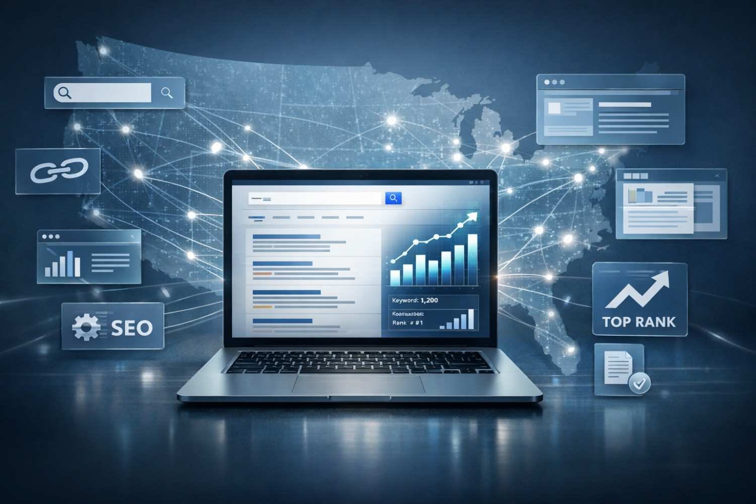A laptop displaying a search results page and rising performance graph sits in front of a glowing U.S. map with connected nodes, surrounded by floating SEO icons like links, analytics charts, and “Top Rank,” representing nationwide search optimization and ranking growth.