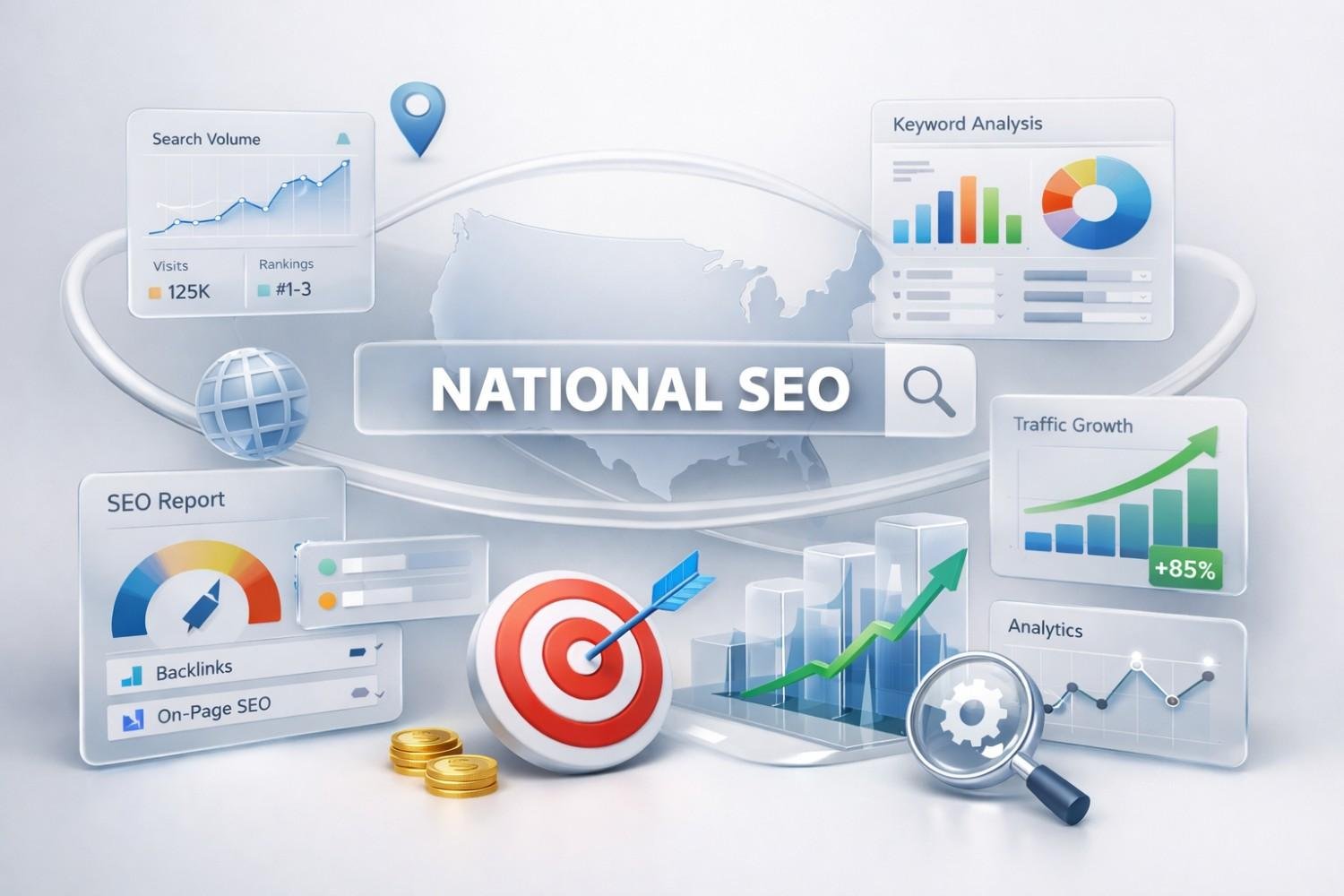 An illustrated dashboard labeled “National SEO” overlays a U.S. map, surrounded by panels showing search volume, keyword analysis, traffic growth, analytics, backlinks, and rankings, plus icons like a target, magnifying glass, globe, coins, and rising charts to represent nationwide optimization success.